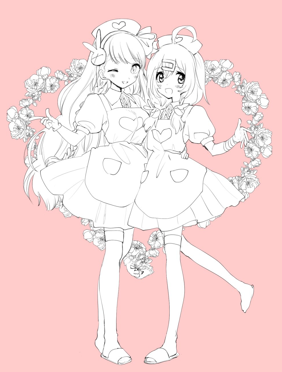 eurasia (wtp09ptw14), original, commentary request, highres, 2girls, ahoge, apron, bandaged arm, bandages, blush, collared dress, double-parted bangs, dress, flower, full body, gloves, greyscale with colored background, hair ornament, hairclip, hat, heart, heart print, long hair, looking at viewer, medium hair, multiple girls, nurse cap, one eye closed, open mouth, pink background, puffy short sleeves, puffy sleeves, short sleeves, sketch, slippers, smile, swept bangs, thighhighs