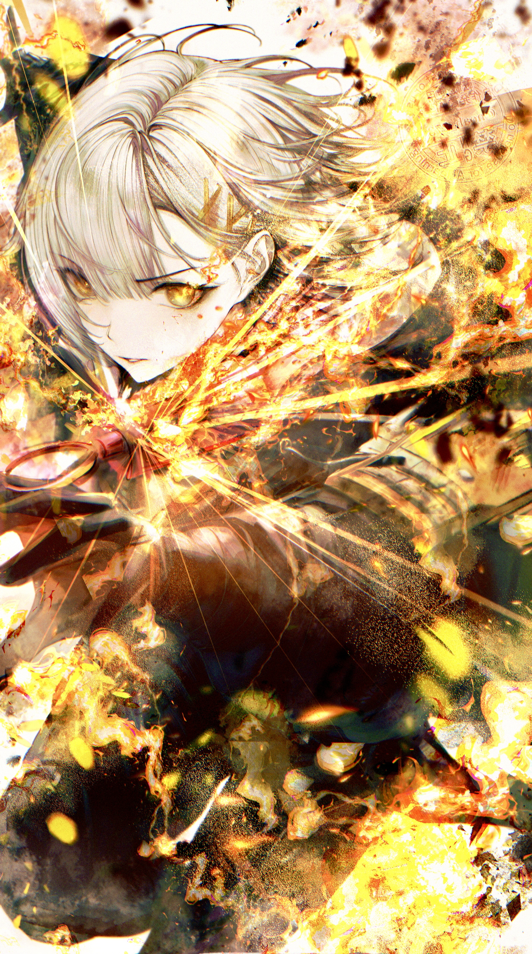 renoahh, vector (girls' frontline), vector (girls' frontline 2), girls' frontline, girls' frontline 2: exilium, absurdres, commentary, highres, 1girl, black gloves, black jacket, black pants, brown hair, fire, gloves, jacket, looking at viewer, pants, parted lips, short hair, solo, yellow eyes
