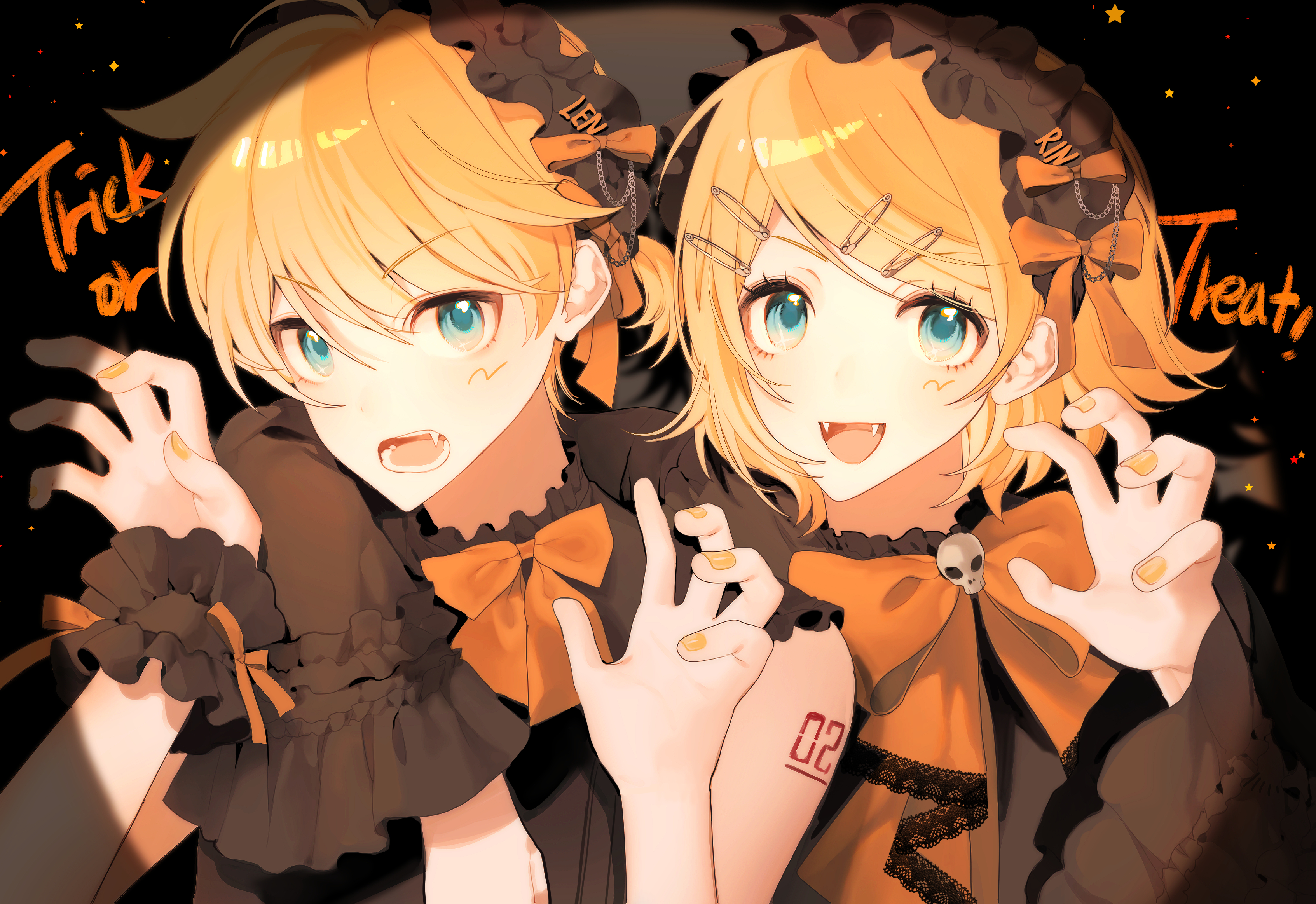 ran (v17071107), kagamine len, kagamine rin, vocaloid, absurdres, commentary request, highres, 1boy, 1girl, :d, arm on another's shoulder, black background, black dress, black headdress, black shirt, blonde hair, blue eyes, bow, claw pose, dress, english text, eyelashes, fang, fangs, frilled cuffs, frilled shirt, frilled sleeves, frills, halloween, long sleeves, looking at viewer, number tattoo, open mouth, orange bow, orange nails, orange ribbon, parted bangs, ribbon, safety pin hair ornament, shirt, short hair, shoulder tattoo, single wrist cuff, sleeveless, sleeveless shirt, smile, star (symbol), tattoo, trick or treat, upper body, wide sleeves, wrist cuffs