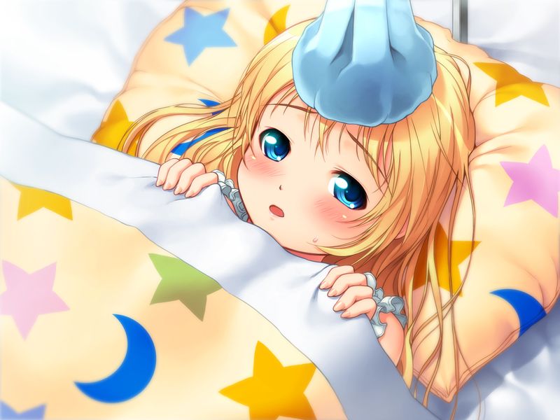 nitroplus, sumaga, 1girl, bed, blonde hair, blue eyes, blush, female focus, fingernails, ice, looking at viewer, lying, on back, on bed, pillow, sick, solo, under covers