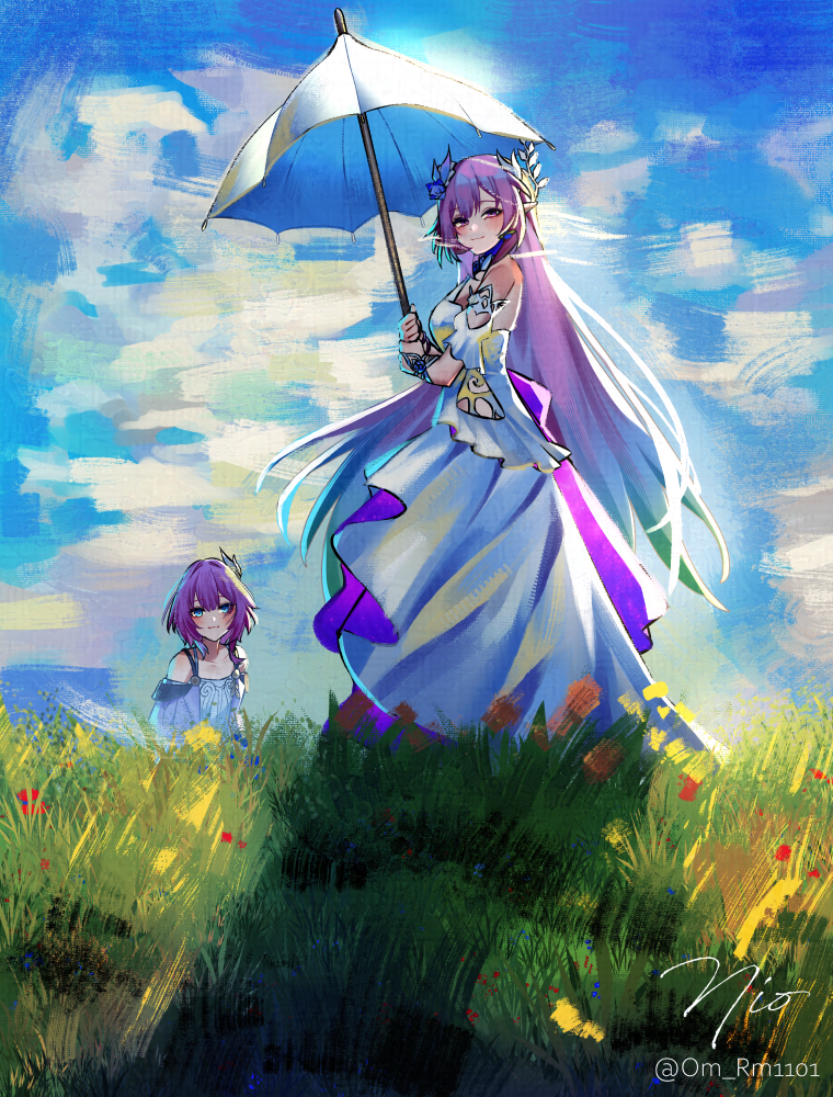 om rm1101, cyrene (honkai: star rail), cyrene (ripples of past reverie) (honkai: star rail), honkai: star rail, honkai (series), 2girls, bare shoulders, blue eyes, blue sky, cyrene (aedes elysiae) (honkai: star rail), dress, dual persona, flower, gradient hair, grass, hair flower, hair ornament, holding, holding umbrella, long hair, multicolored hair, multiple girls, outdoors, pink hair, pointy ears, purple eyes, short hair, sky, smile, twitter username, two-tone hair, umbrella, very long hair, white dress, white hair