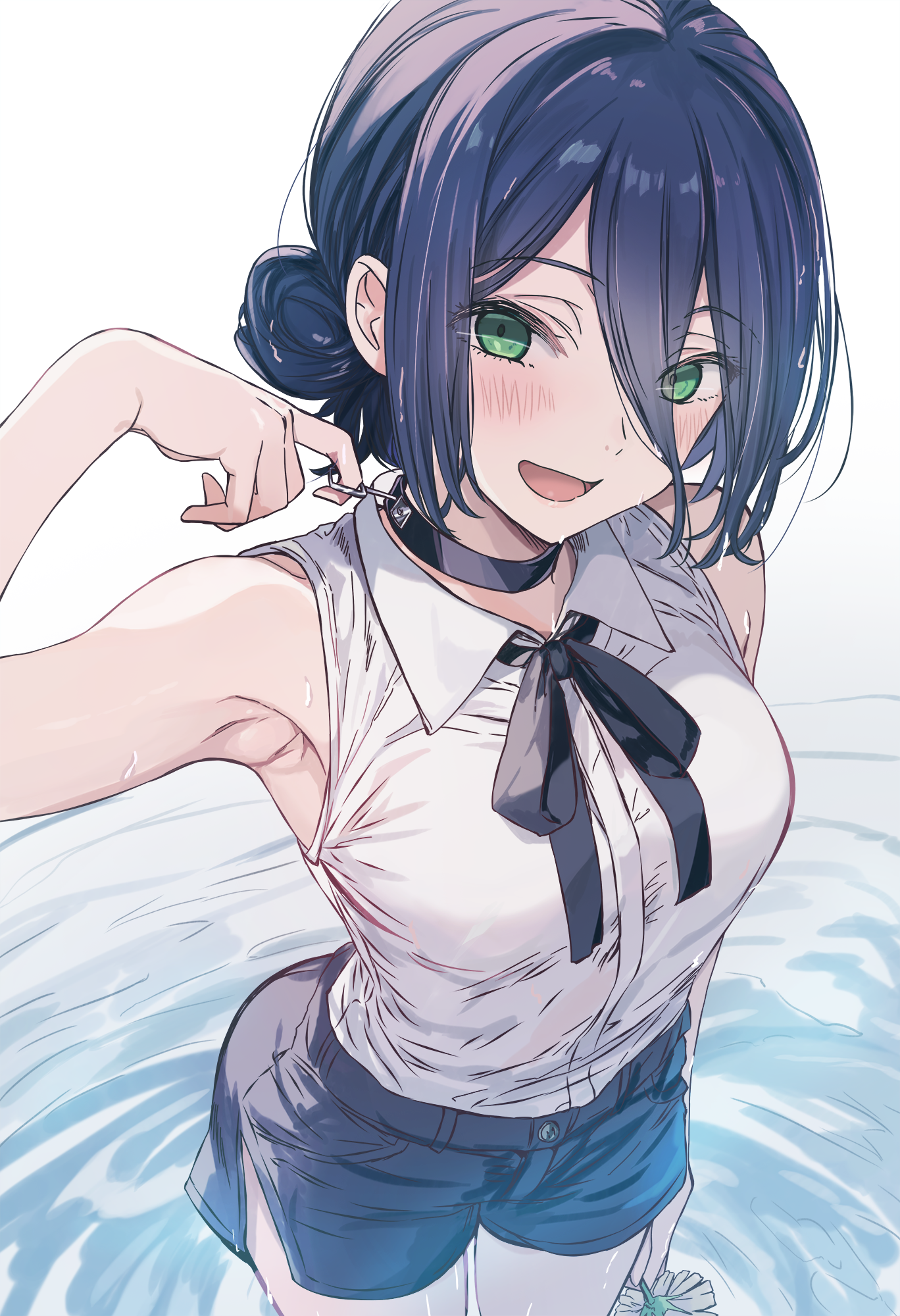 cutlass (classic chocolate), reze (chainsaw man), chainsaw man, commentary request, highres, partial commentary, textless version, 1girl, armpits, black choker, black hair, black ribbon, black shorts, blush, breasts, choker, collared shirt, flower, green eyes, grenade pin, hair between eyes, hair bun, holding, holding flower, long hair between eyes, looking at viewer, neck ribbon, ribbon, shirt, shirt tucked in, short shorts, shorts, side slit, single side bun, sleeveless, sleeveless shirt, small breasts, smile, solo, speech bubble, thighs, wading, white shirt