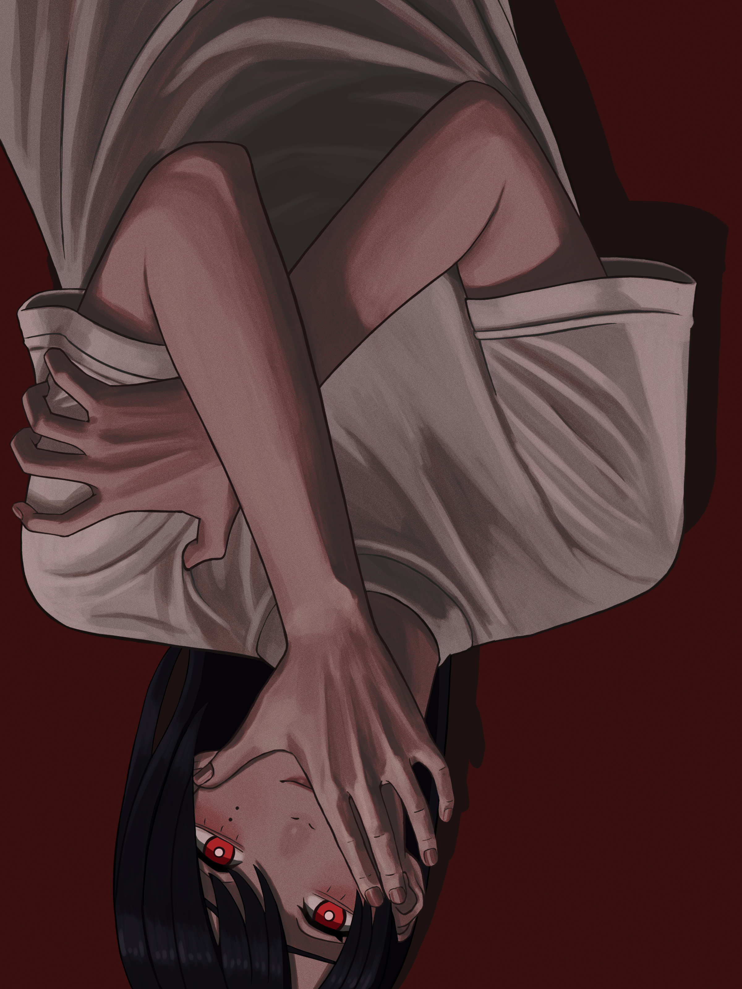 asada asahi, original, absurdres, commentary request, highres, 1girl, black hair, bright pupils, closed mouth, covering own mouth, drop shadow, eyelashes, flat chest, hair between eyes, hand on own arm, hand over own mouth, lips, long hair, looking at viewer, mole, mole under eye, nose, red background, red eyes, shirt, short sleeves, simple background, smile, solo, upper body, upside-down, white pupils, white shirt
