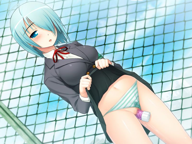 nitroplus, sumaga, game cg, tagme, 1girl, blue eyes, blush, censored, clothes lift, female focus, fence, open mouth, panties, public indecency, rooftop, school uniform, sex toy, short hair, skirt, skirt lift, sky, solo, striped clothes, striped panties, underwear, vibrator, wet
