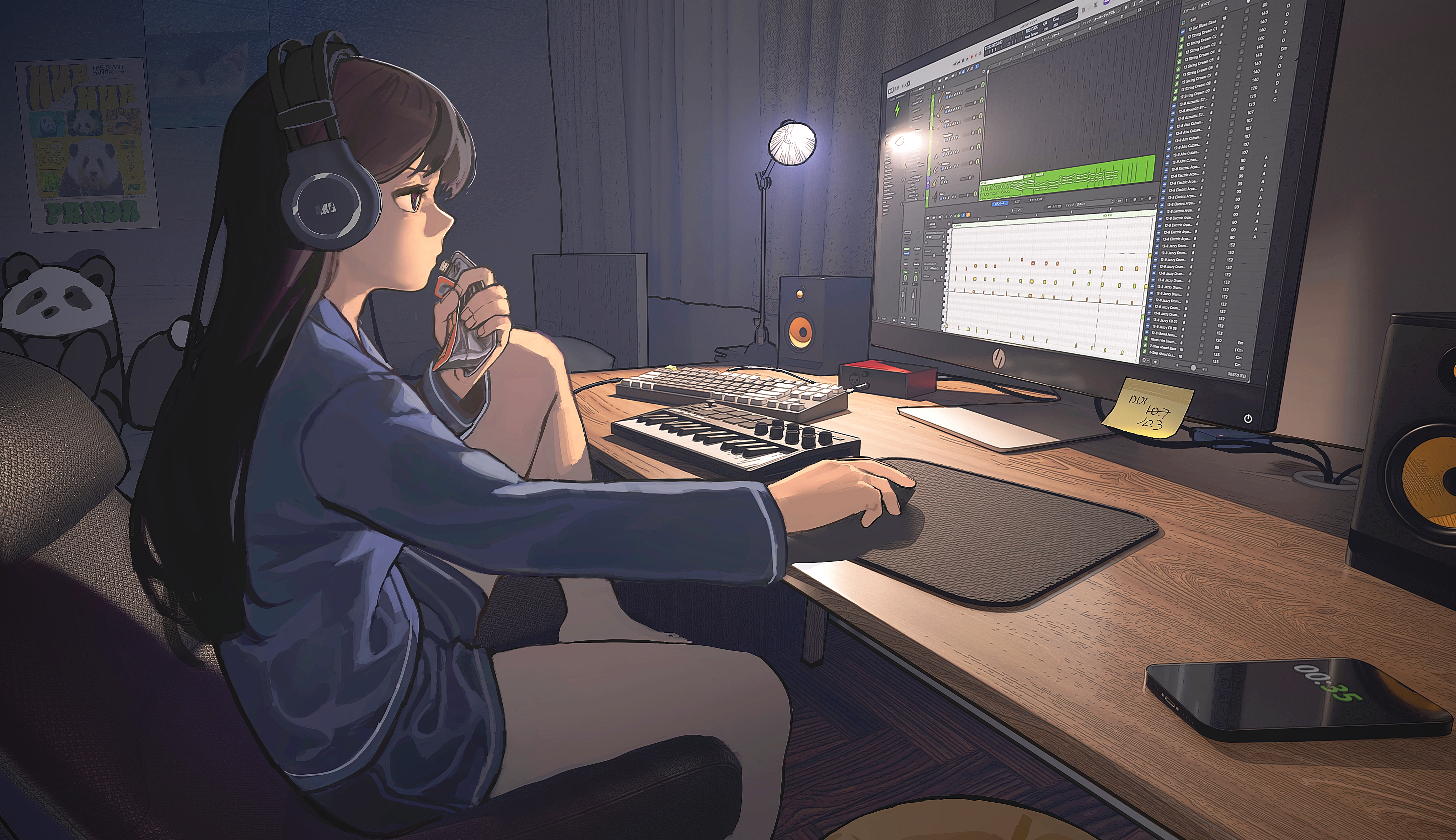 cloud nine (798392138), shiina taki, akg, bang dream!, bang dream! it's mygo!!!!!, absurdres, commentary, highres, 1girl, at computer, blue shirt, blue shorts, cellphone, chair, computer keyboard, computer mouse, instrument, keyboard (instrument), lamp, long hair, long sleeves, monitor, pajamas, phone, purple eyes, shirt, shorts, smartphone, solo, speaker, stuffed animal, stuffed panda, stuffed toy