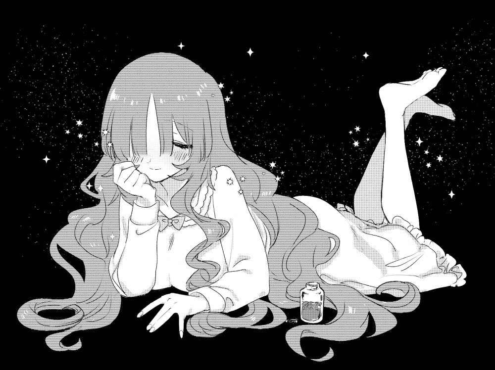 eurasia (wtp09ptw14), francoise (eurasia), original, commentary request, 1girl, barefoot, black background, blush, bow, breasts, closed eyes, closed mouth, dress, feet up, full body, greyscale, jar, long bangs, long hair, long sleeves, lying, monochrome, on stomach, smile, solo