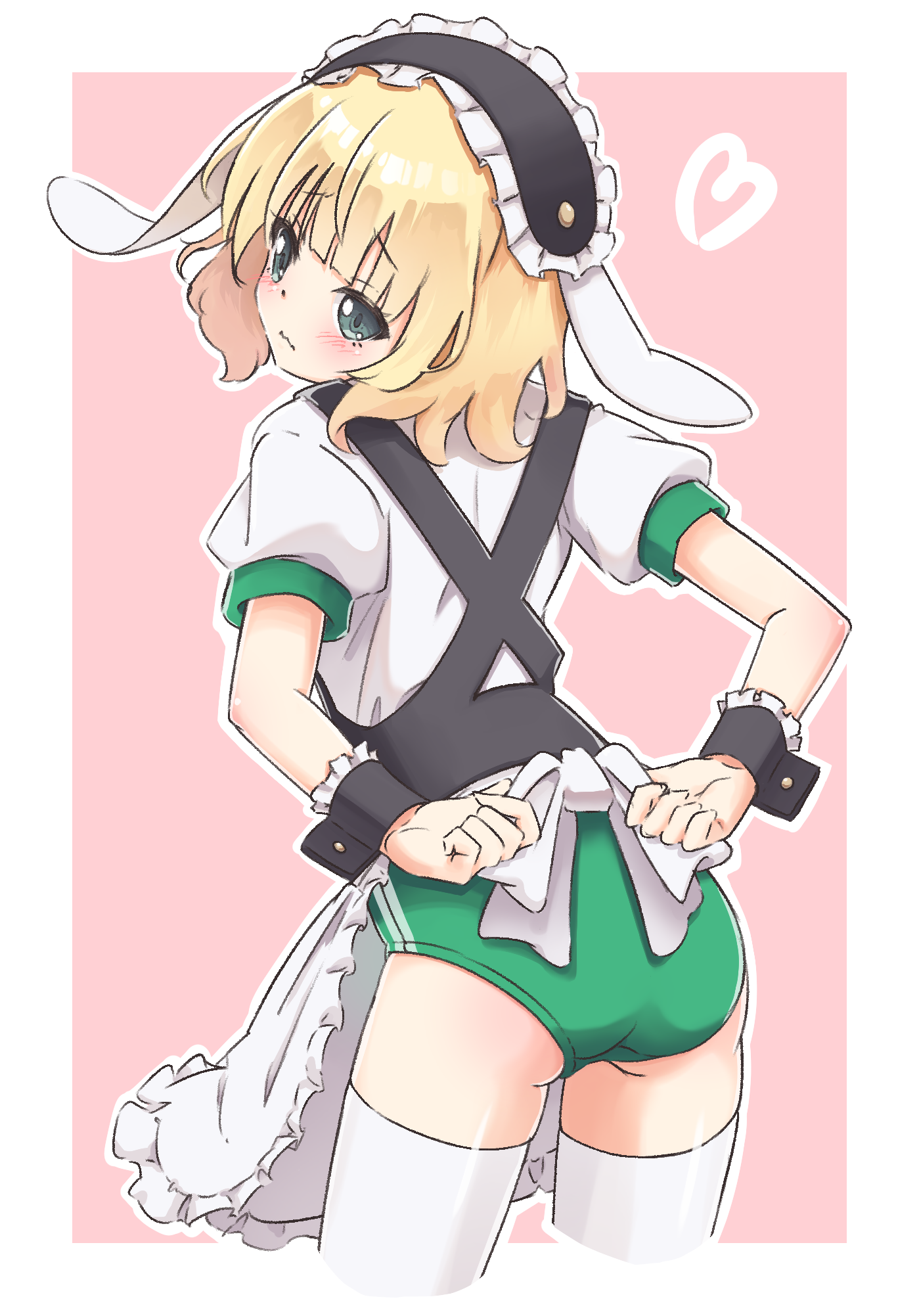 retumihari, kirima syaro, gochuumon wa usagi desu ka?, commentary request, highres, 1girl, adapted costume, animal ears, apron, aqua eyes, arms behind back, ass, back bow, black hairband, black wrist cuffs, blonde hair, blunt bangs, blush, border, bow, buruma, closed mouth, cowboy shot, fake animal ears, fleur de lapin uniform, floppy ears, frilled apron, frilled hairband, frilled wrist cuffs, frills, from behind, furrowed brow, green buruma, gym shirt, gym uniform, hairband, heart, lolita hairband, looking at viewer, looking back, medium hair, outline, outside border, pink background, rabbit ears, shirt, short sleeves, simple background, solo, thighhighs, waist apron, wavy mouth, white apron, white border, white bow, white outline, white shirt, white thighhighs, wrist cuffs
