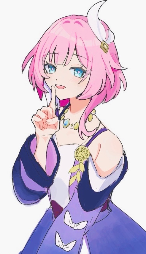 cyrene (honkai: star rail), honkai: star rail, honkai (series), commentary request, 1girl, amaebi0709, bare shoulders, blue eyes, breasts, coat, dress, finger to mouth, hair ornament, jewelry, looking at viewer, multicolored hair, necklace, open mouth, pink hair, purple coat, short hair, shushing, simple background, small breasts, smile, solo, two-tone hair, white background, white dress, white hair