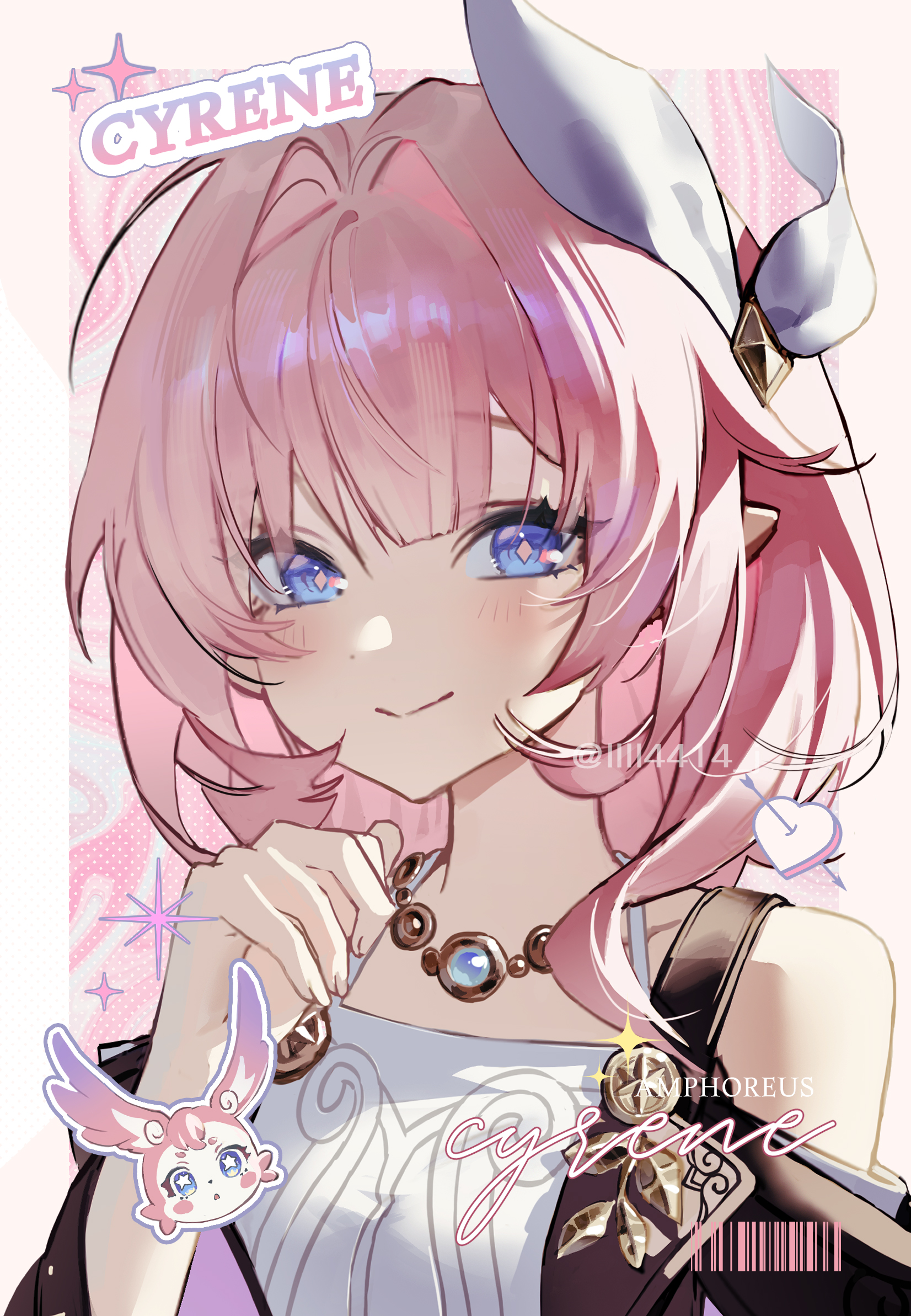 q (llll4414 j), cyrene (honkai: star rail), mem (honkai: star rail), honkai: star rail, honkai (series), hashtag-only commentary, highres, 1girl, arrow through heart, bare shoulders, blue eyes, breasts, character name, coat, cyrene (aedes elysiae) (honkai: star rail), dress, hair ornament, jewelry, looking at viewer, necklace, pink hair, pointy ears, purple coat, short hair, small breasts, smile, solo, upper body, white dress