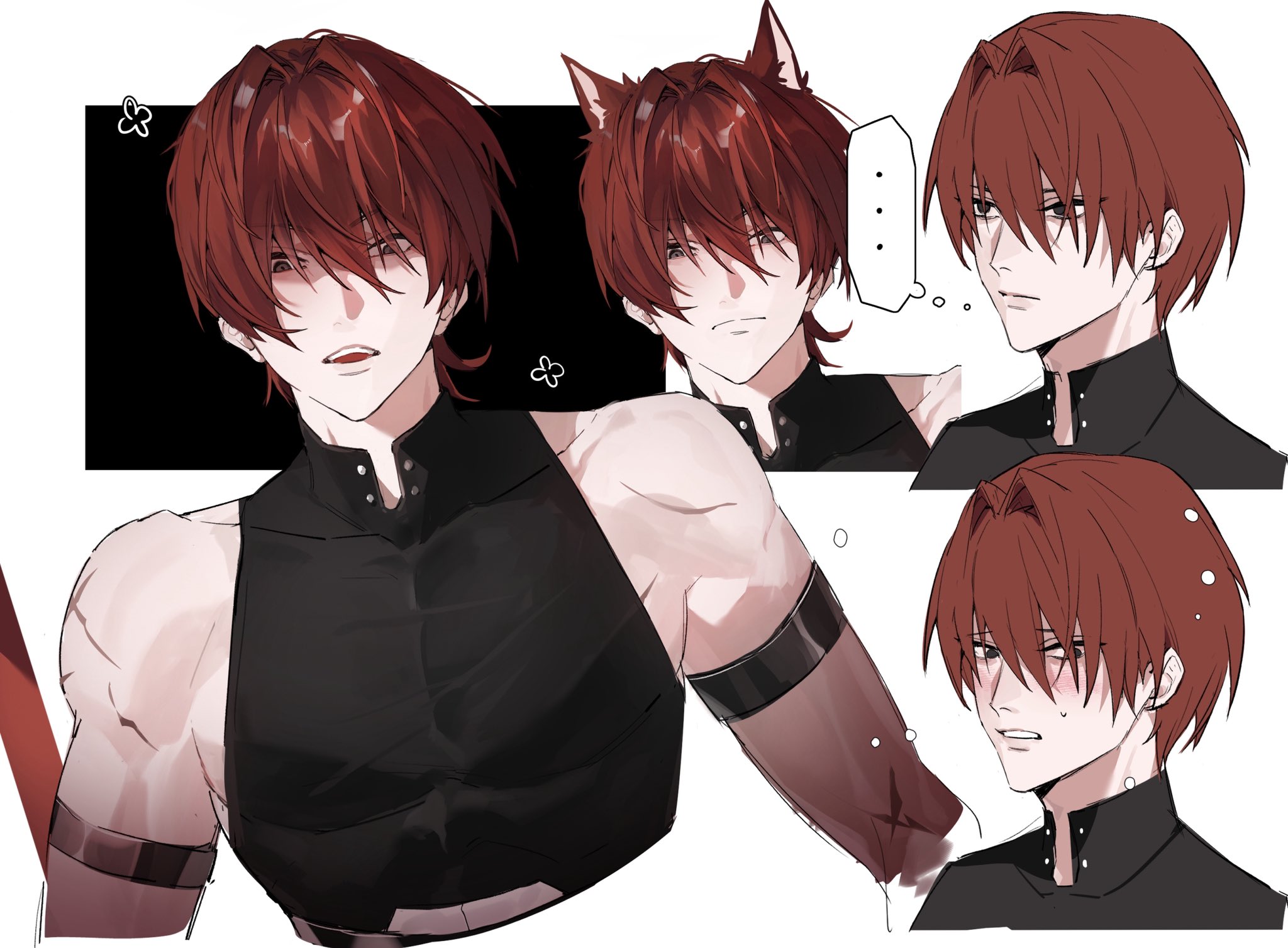 rainwangt, fate/grand order, fate (series), highres, …, 1boy, animal ears, armband, black eyes, blush, cat boy, cat ears, harada sanosuke (fate), kemonomimi mode, male focus, multiple scars, multiple views, open mouth, red hair, scar, scar on arm, shirt, short hair, sleeveless, sleeveless shirt, solo, speech bubble, sweatdrop, thought bubble, toned, toned male, white background