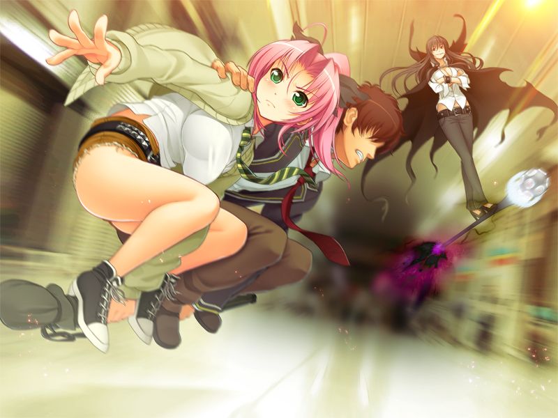 arided, spica (sumaga), nitroplus, speed, sumaga, tagme, battle, black hair, breasts, broom, cape, cleavage, crossed arms, cutoffs, denim, denim shorts, green eyes, high heels, large breasts, long hair, motion blur, necktie, pink hair, ponytail, pursuit, racing, shoes, short shorts, shorts, skating, smile, sneakers, sweater, witch
