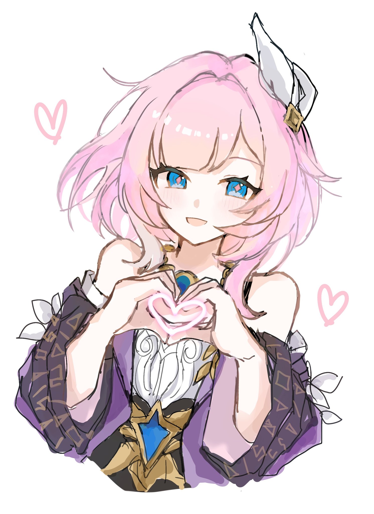 cyrene (honkai: star rail), honkai: star rail, honkai (series), hashtag-only commentary, highres, 1girl, bare shoulders, blue eyes, breasts, coat, cropped torso, cyrene (aedes elysiae) (honkai: star rail), dress, hair ornament, heart, heart hands, jewelry, looking at viewer, multicolored hair, necklace, pink hair, purple coat, sato 0204, short hair, simple background, small breasts, smile, solo, two-tone hair, white background, white dress, white hair