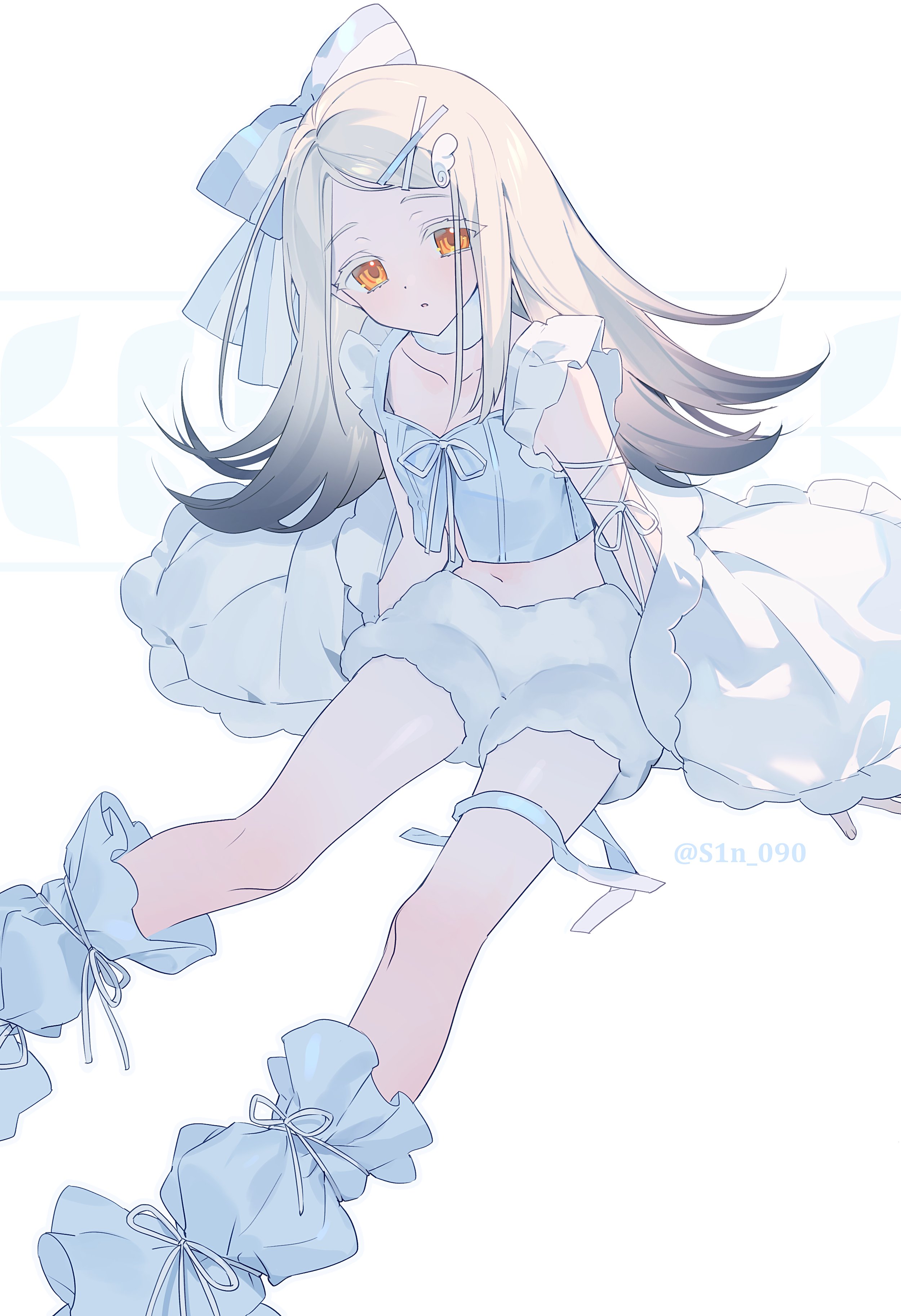 sin 090, shinosawa hiro, gakuen idolmaster, idolmaster, absurdres, highres, blonde hair, blouse, border, bow, breasts, choker, collarbone, colored eyelashes, feet out of frame, flipped hair, fur shorts, gradient hair, grey hair, hair bow, hair ornament, jacket, leg warmers, long hair, looking at viewer, midriff, multicolored hair, off shoulder, orange eyes, parted bangs, parted lips, ribbon, shirt, shorts, simple background, sitting, small breasts, twitter username, white background, white border, white choker, white jacket, white leg warmers, white ribbon, white shorts, x hair ornament