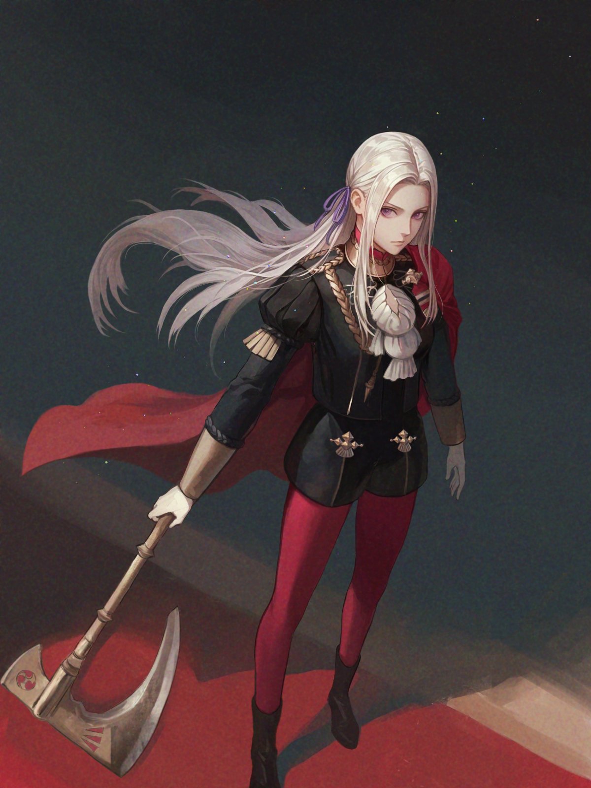 wrainbow13, edelgard von hresvelg, fire emblem, fire emblem: three houses, nintendo, highres, 1girl, axe, black boots, boots, breasts, cape, closed mouth, full body, garreg mach monastery uniform, gloves, hair ribbon, holding, holding axe, long hair, long sleeves, pantyhose, purple eyes, purple ribbon, red cape, red pantyhose, ribbon, side cape, solo, white hair