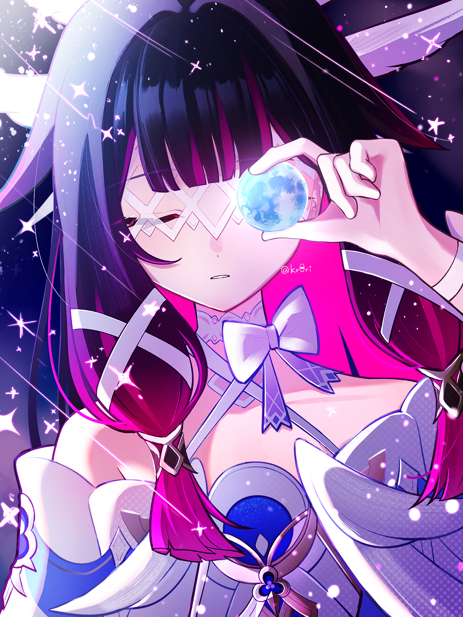 ama some (kr0ri), columbina (genshin impact), genshin impact, highres, 1girl, black hair, blunt bangs, choker, closed eyes, collarbone, dress, feathered wings, full moon, gradient hair, hair ribbon, head wings, holding, long hair, moon, multicolored hair, multiple wings, parted lips, pink hair, ribbon, sidelocks, solo, very long hair, white choker, white dress, white mask, white ribbon, wings