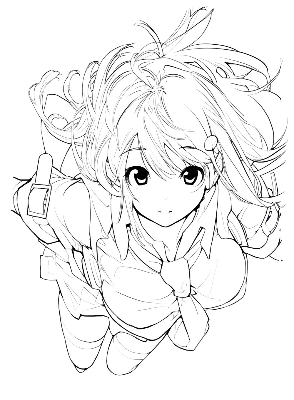 tamahagane, highres, 1girl, arm belt, belt, breasts, collared shirt, cowboy shot, from above, hair between eyes, hair ornament, hairclip, hatsuyama hotaru, huge breasts, lineart, lips, long hair, long sidelocks, looking at viewer, monochrome, necktie, open mouth, overall skirt, parted lips, sei ni utokatta watashi wa kurasu no danshi to ooo shite shimaimashita, shirt, short sleeves, sidelocks, simple background, sketch, skirt, smile, solo, standing, straight hair, thighhighs, very long hair