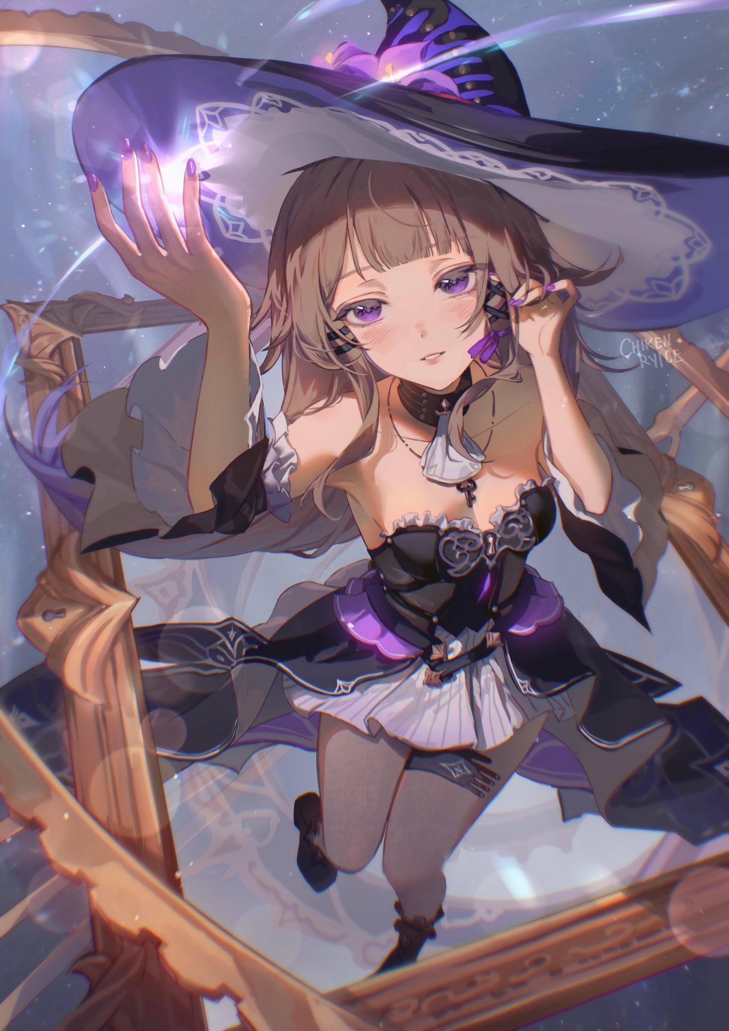 chikenryice, herta (honkai: star rail), honkai: star rail, honkai (series), highres, 1girl, bare shoulders, black dress, black hat, breasts, brown hair, dress, flower, hat, hat flower, jewelry, long hair, purple eyes, purple flower, solo, witch hat