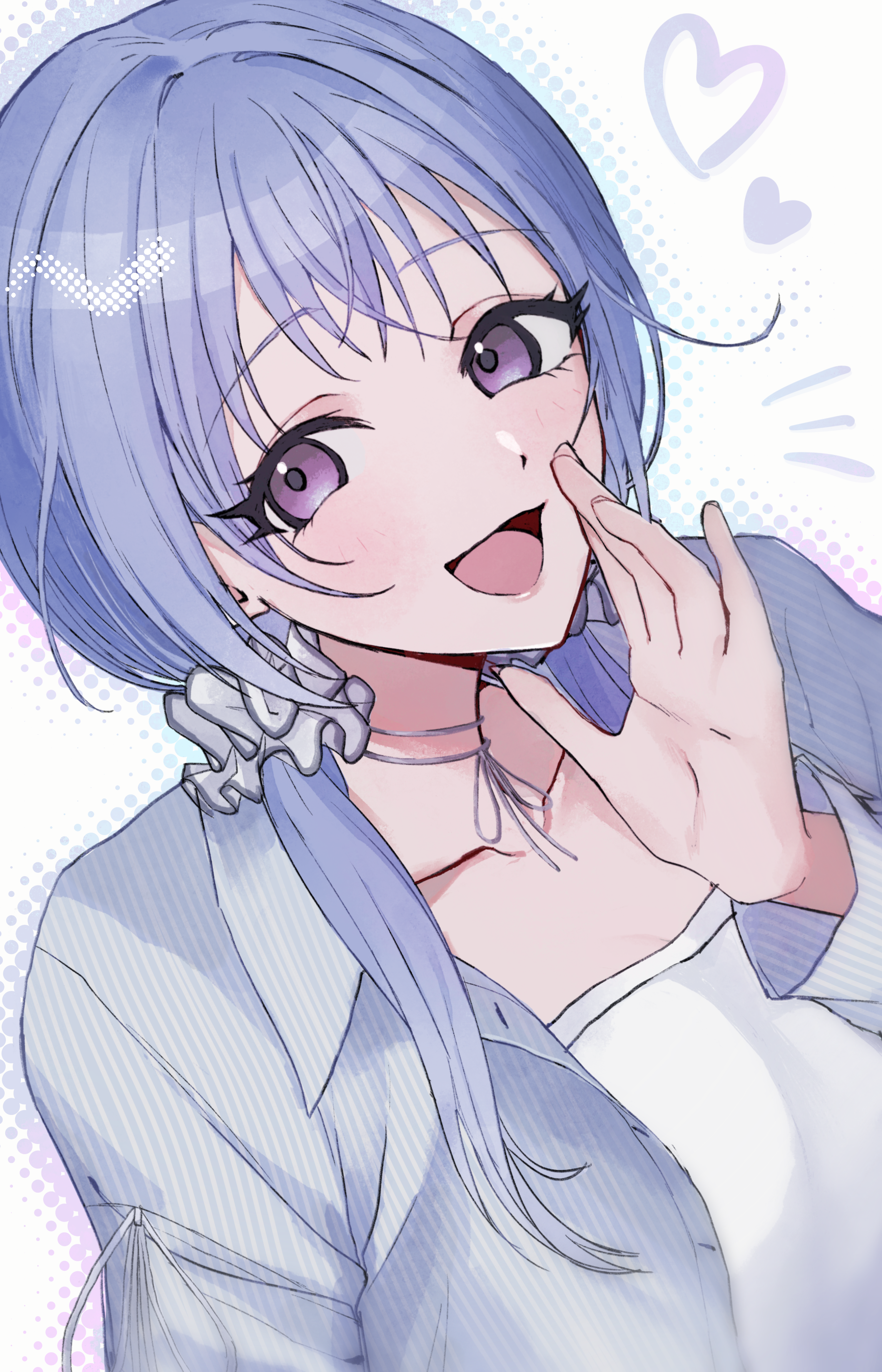 rebanira kaisan, suzuki hana, idolmaster, idolmaster shiny colors, absurdres, commentary request, highres, 1girl, blue hair, blush, collarbone, grey jacket, hair ornament, hair scrunchie, heart, jacket, long hair, pinstripe jacket, pinstripe pattern, purple eyes, scrunchie, smile, solo, twintails