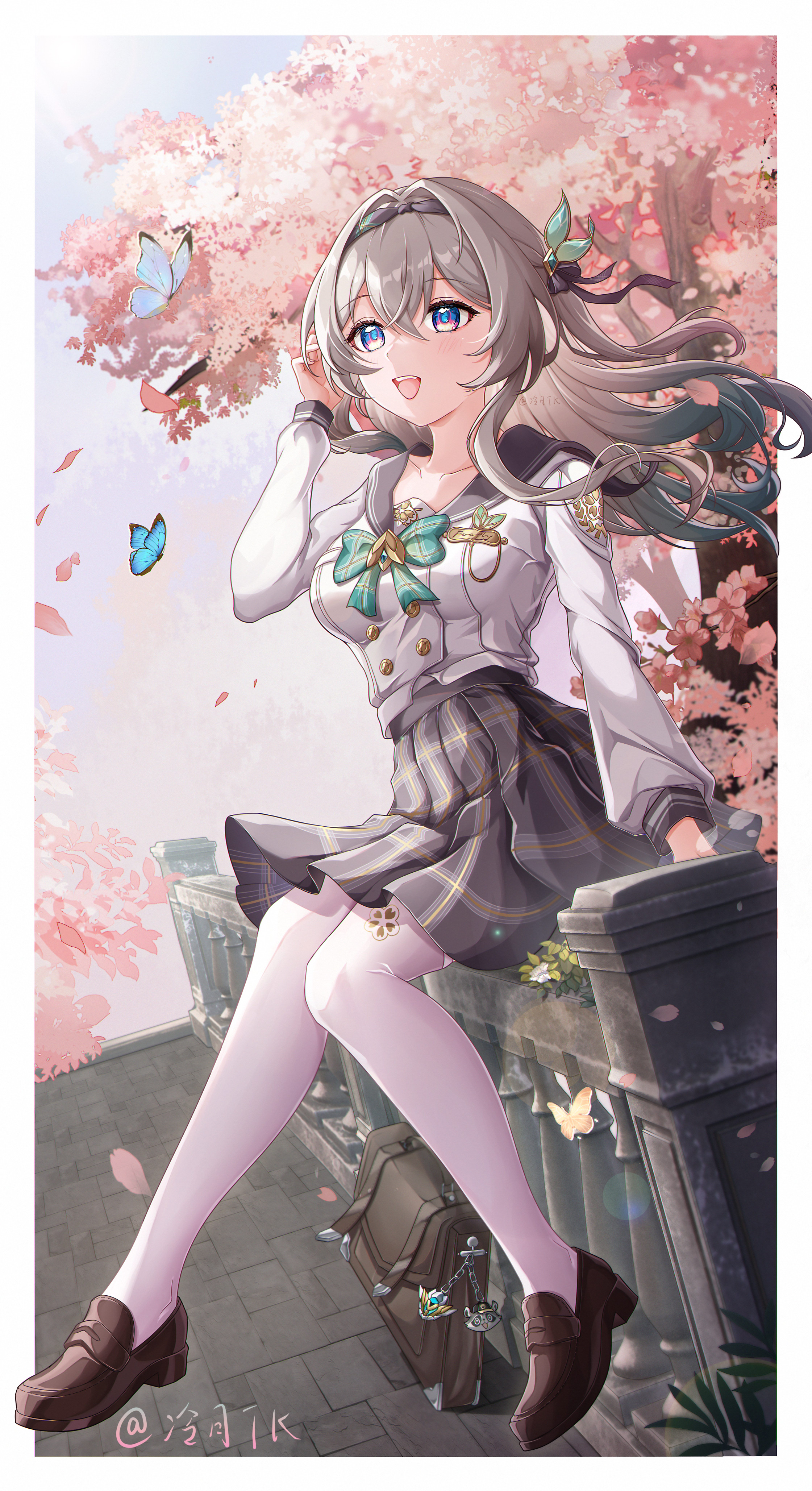 lengyu tk, firefly (honkai: star rail), firefly (spring missive) (honkai: star rail), honkai: star rail, honkai (series), absurdres, commentary request, highres, 1girl, :d, black bag, black ribbon, black sailor collar, black shoes, black skirt, blue butterfly, blue eyes, border, bow, bowtie, bug, butterfly, cherry blossoms, day, floating hair, full body, gradient hair, green bow, green bowtie, grey hair, hair between eyes, hair intakes, hair ribbon, hand in own hair, hand up, insect, loafers, long hair, long sleeves, looking ahead, medium skirt, multicolored hair, open mouth, outdoors, outside border, plaid clothes, plaid skirt, pleated skirt, ribbon, sailor collar, school uniform, shirt, shoes, sitting, skirt, smile, solo, thighhighs, tree, white border, white shirt, white thighhighs