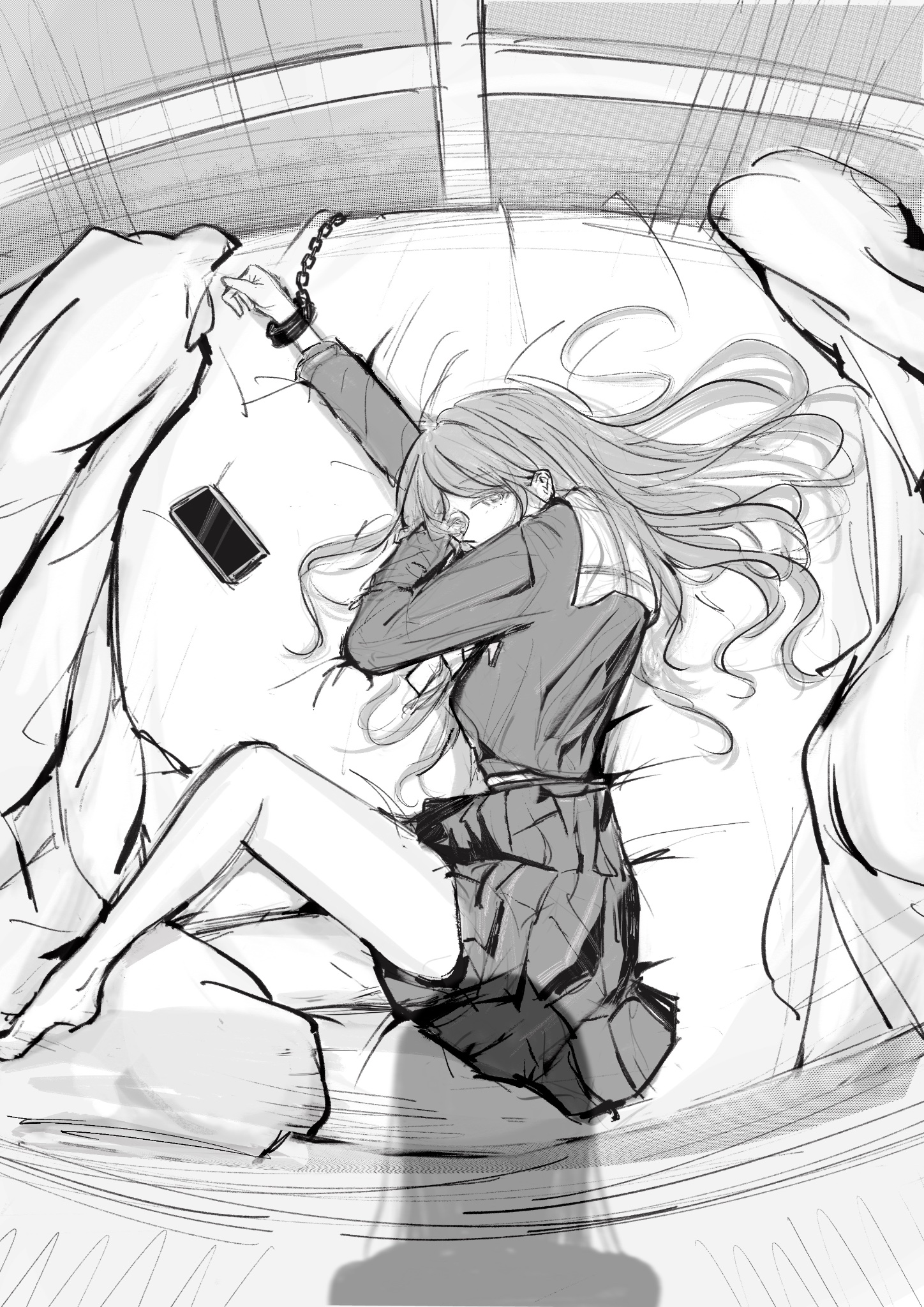 chihaya anon, nagasaki soyo, bang dream!, bang dream! it's mygo!!!!!, commentary, hashtag-only commentary, highres, 2girls, barefoot, bdsm, bed, cellphone, cuffs, funame111, handcuffs, long hair, long sleeves, looking at viewer, multiple girls, out of frame, phone, pleated skirt, school uniform, shadow, skirt, smartphone, tsukinomori school uniform, yuri