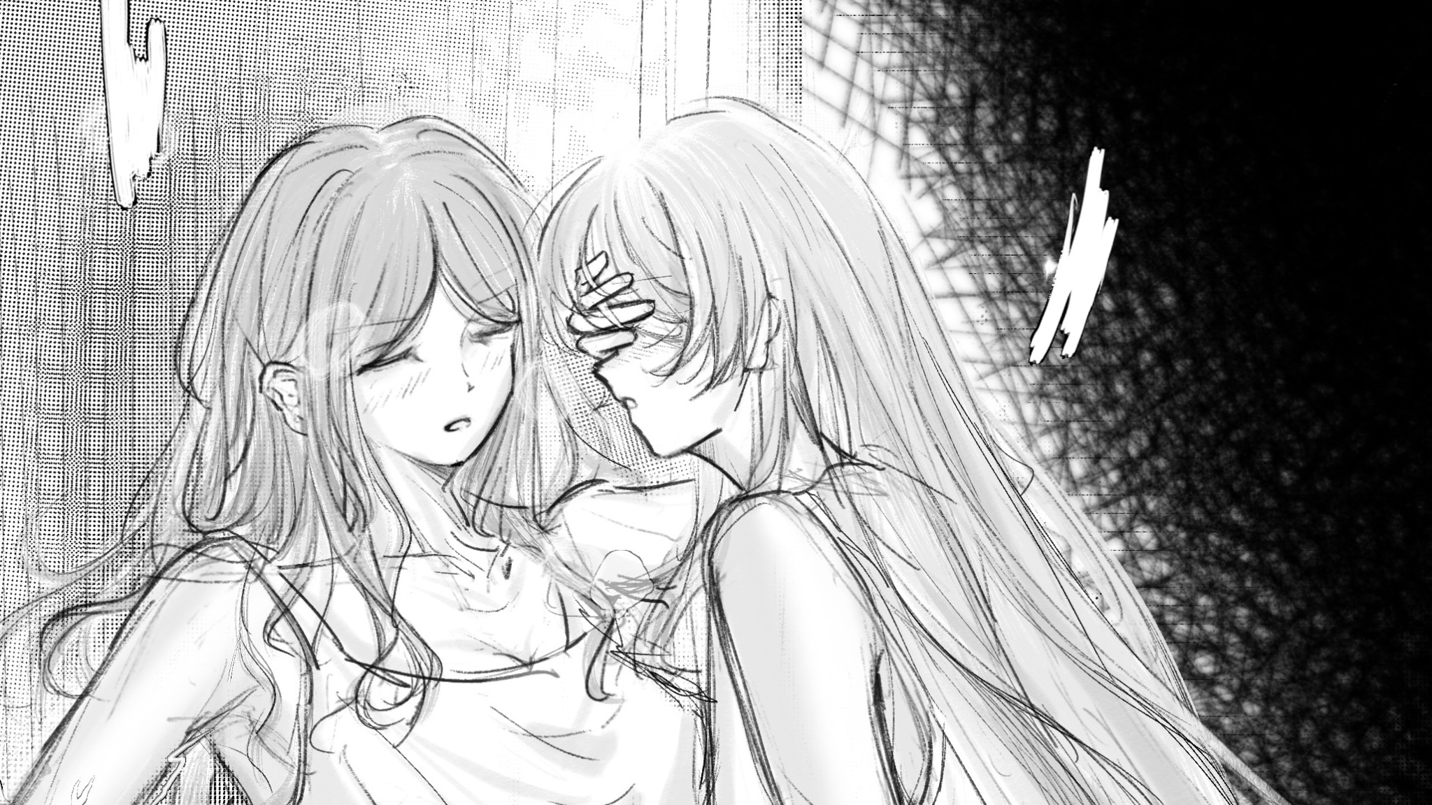 chihaya anon, nagasaki soyo, bang dream!, bang dream! it's mygo!!!!!, commentary, hashtag-only commentary, highres, 2girls, blush, breasts, camisole, cleavage, closed eyes, covering another's eyes, funame111, greyscale, long hair, monochrome, multiple girls, open mouth, sidelocks, yuri