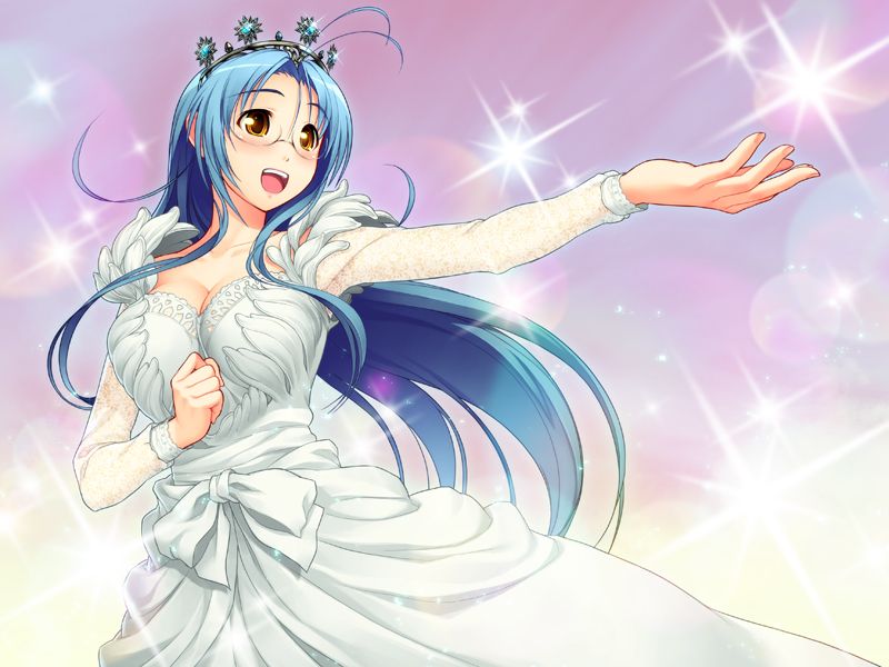 tsuji santa, nitroplus, sumaga, 1girl, blue hair, breasts, cleavage, dress, female focus, glasses, long hair, orange eyes, princess, solo, tiara