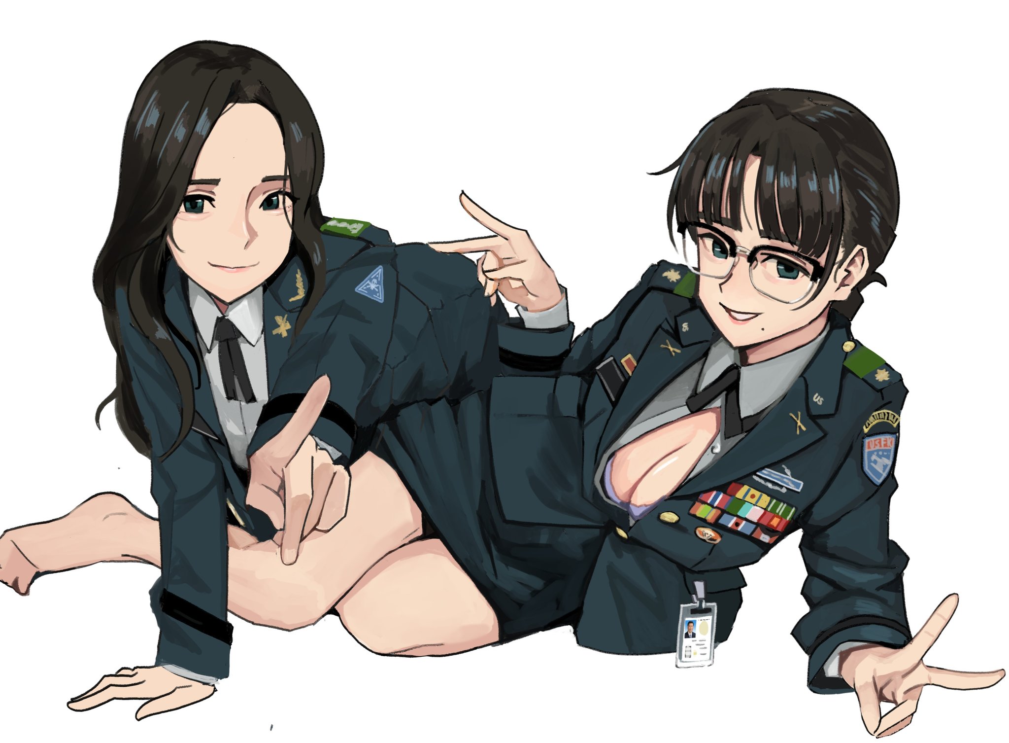 wani (perfect han), original, highres, 1girl, 2girls, black hair, blue eyes, blunt bangs, breasts, cleavage, glasses, jacket, lanyard, long sleeves, looking at viewer, military, military dress uniform, military uniform, mole, mole under mouth, multiple girls, parted bangs, pointing, pointing at viewer, ribbon bar, shirt, simple background, skirt, v, white background, white shirt