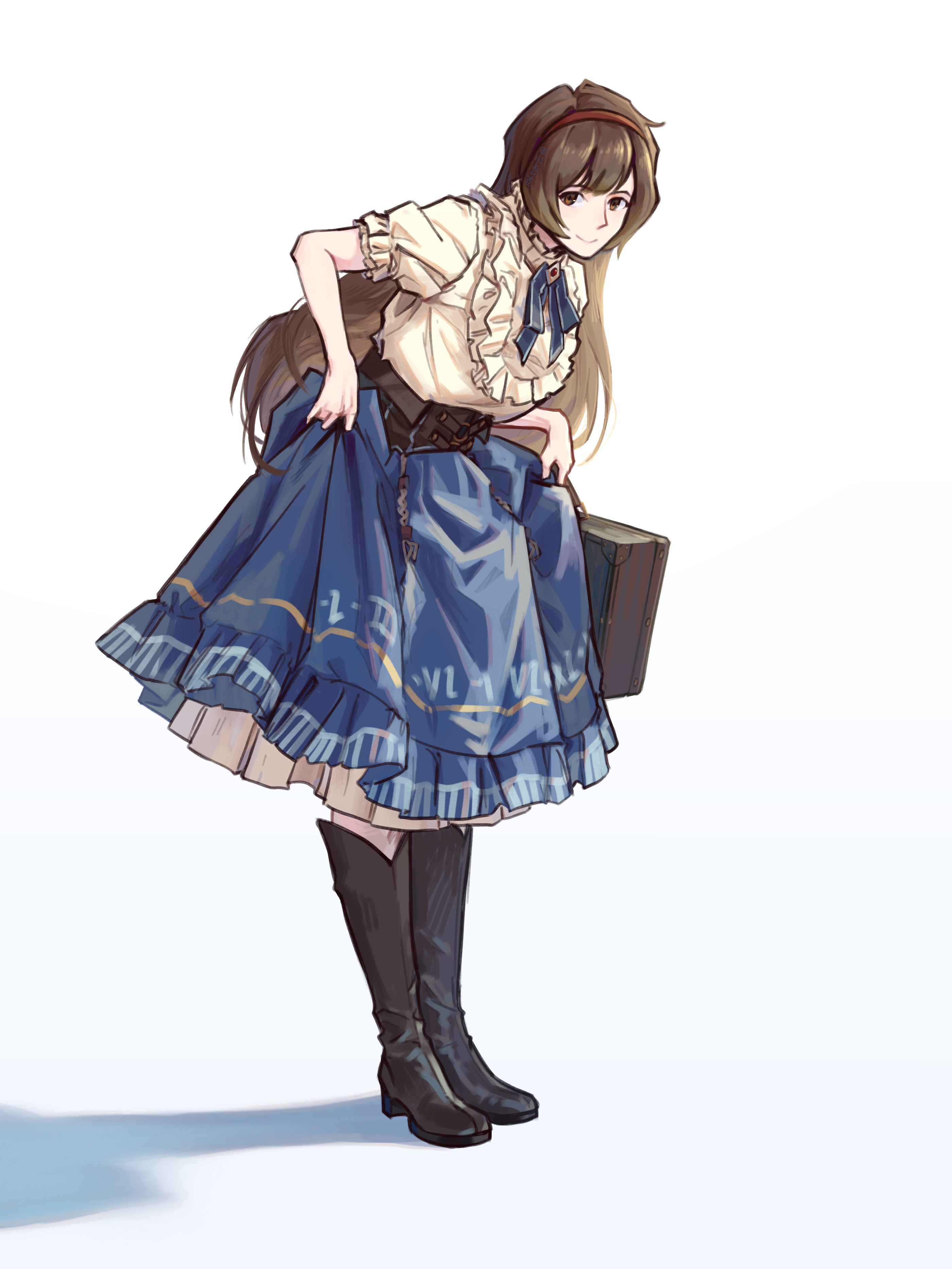 yunmu, malkuth (project moon), library of ruina, project moon, absurdres, chinese commentary, commentary request, highres, 1girl, alternate costume, belt, bib collar, black boots, blue skirt, boots, briefcase, brown belt, brown eyes, brown hair, closed mouth, double-parted bangs, frilled shirt collar, frilled skirt, frills, full body, hairband, holding, holding briefcase, knee boots, leaning forward, lofter username, long hair, looking at viewer, medium skirt, petticoat, puffy short sleeves, puffy sleeves, red hairband, shirt, shirt tucked in, short sleeves, sidelocks, simple background, skirt, smile, solo, standing, white background, white shirt