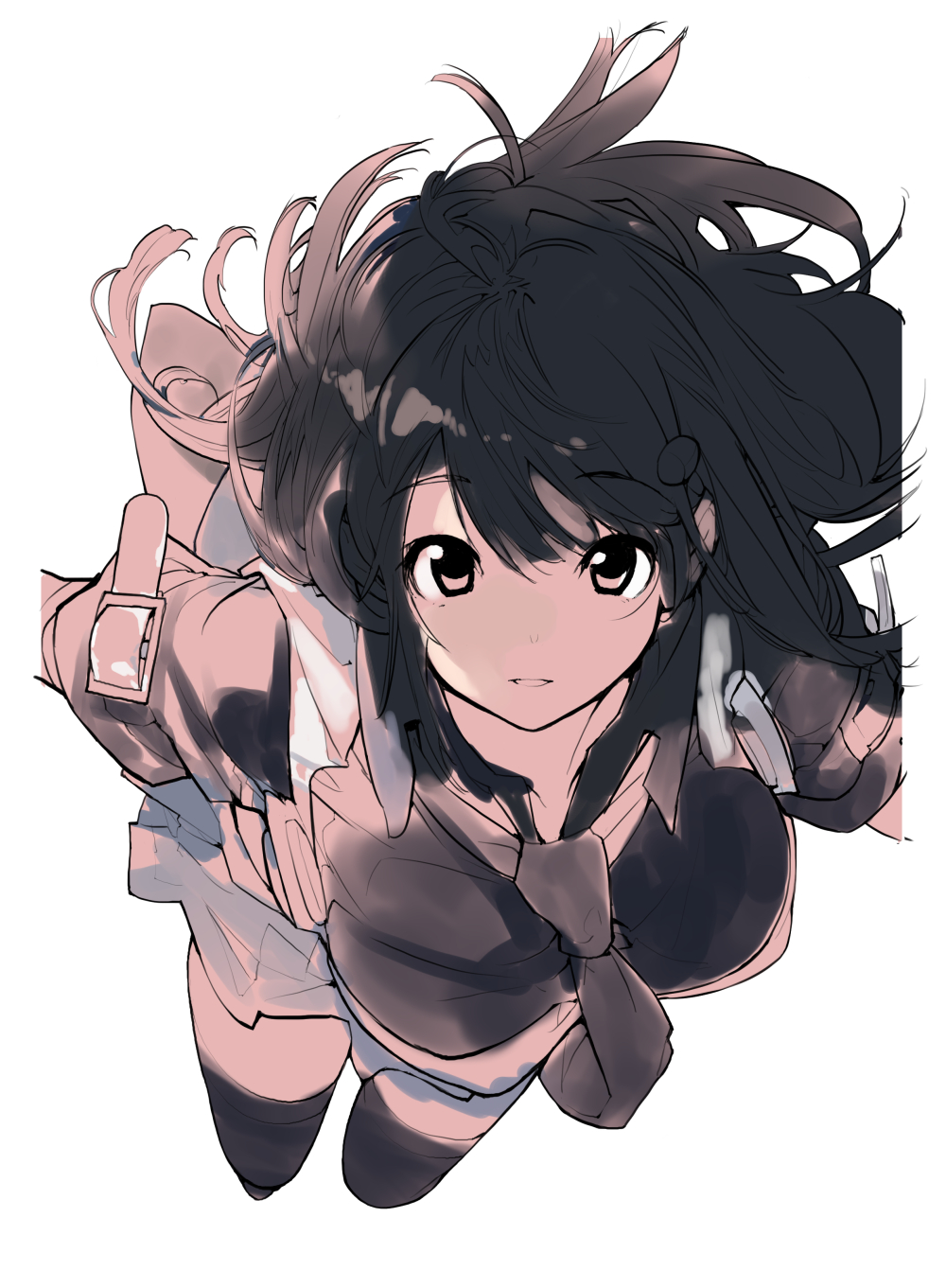 tamahagane, highres, 1girl, arm belt, belt, black hair, black shirt, black thighhighs, breasts, brown belt, brown eyes, brown necktie, brown skirt, collared shirt, cowboy shot, from above, hair between eyes, hair ornament, hairclip, hatsuyama hotaru, huge breasts, long hair, long sidelocks, looking at viewer, necktie, open mouth, overall skirt, parted lips, sei ni utokatta watashi wa kurasu no danshi to ooo shite shimaimashita, shirt, short sleeves, sidelocks, simple background, sketch, skirt, smile, solo, standing, straight hair, thighhighs, very long hair, white background