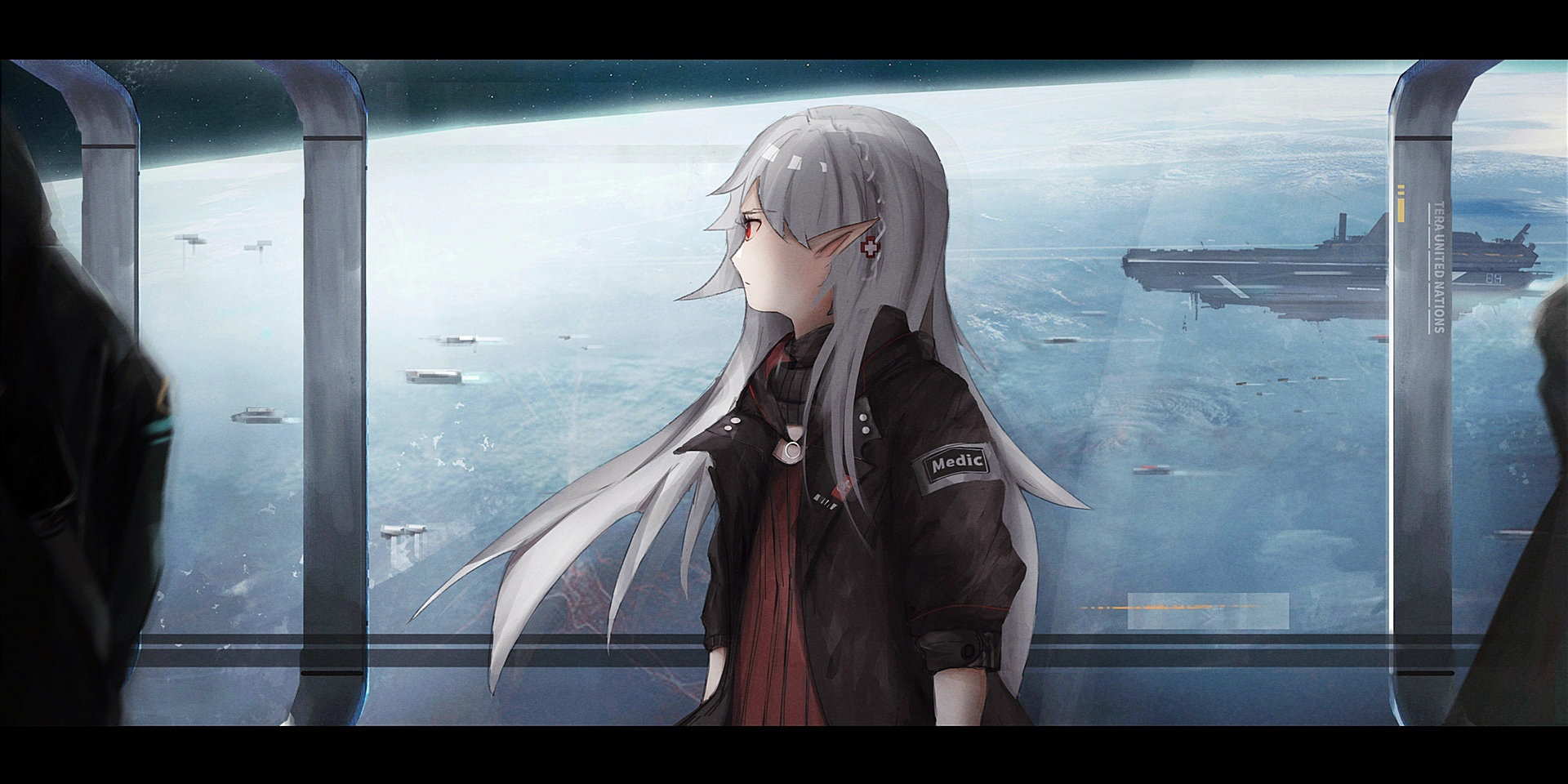 kirok orange, warfarin (arknights), arknights, highres, 2others, fleet, indoors, long hair, looking to the side, multiple others, plant, pointy ears, red eyes, scenery, sky, solo focus, space, space station, spacecraft, star (sky), starry sky, white hair