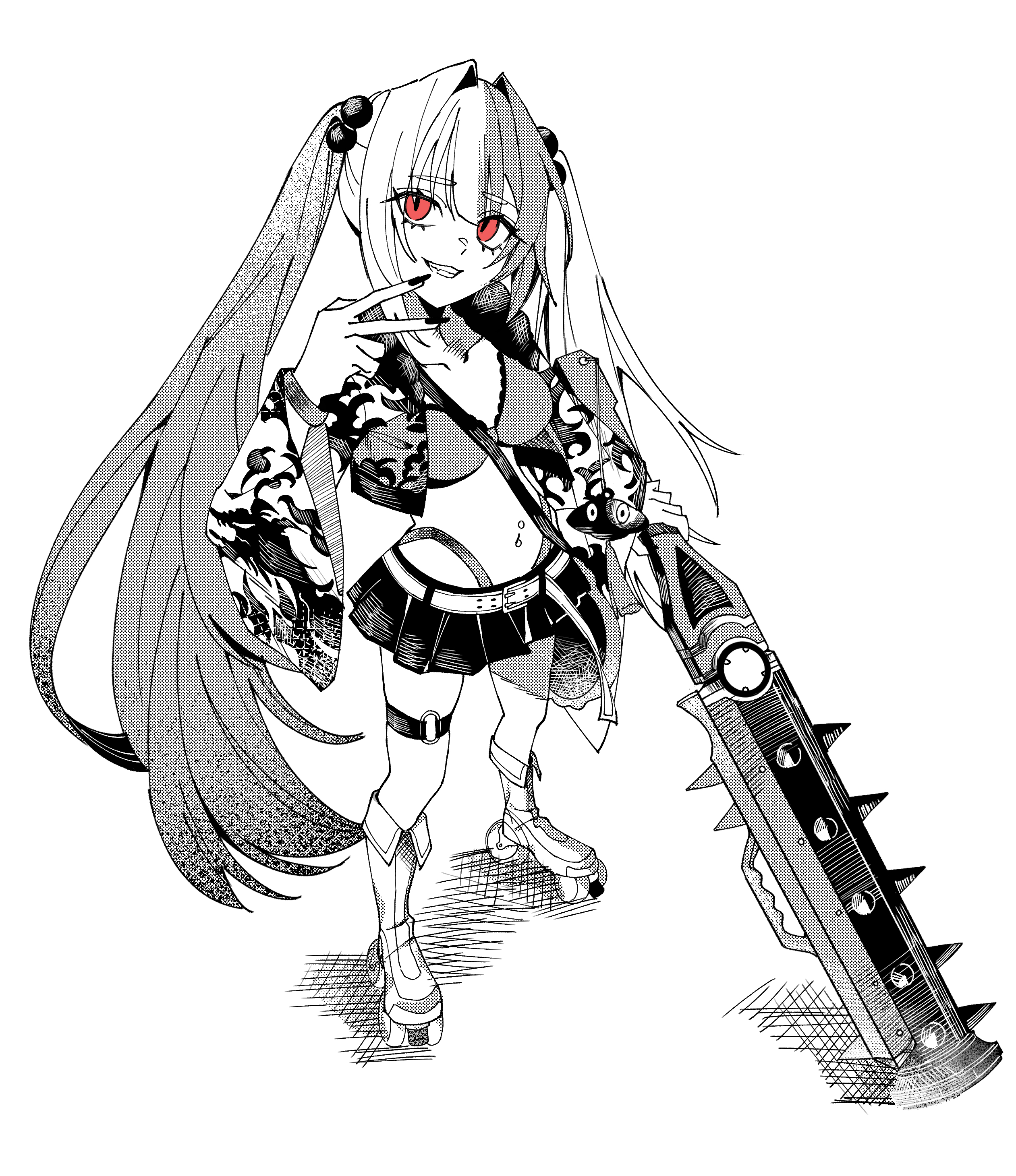 tuukounin1, matsunaga hisahide (fate), fate/grand order, fate (series), absurdres, highres, 1girl, bra, breasts, club, club (weapon), full body, greyscale, holding, holding club, holding weapon, jacket, long hair, looking at viewer, miniskirt, monochrome, multicolored hair, navel piercing, open mouth, panty straps, piercing, red eyes, roller skates, simple background, skates, skirt, smile, solo, spiked club, split-color hair, spot color, standing, twintails, two-tone hair, underwear, v, weapon, white background