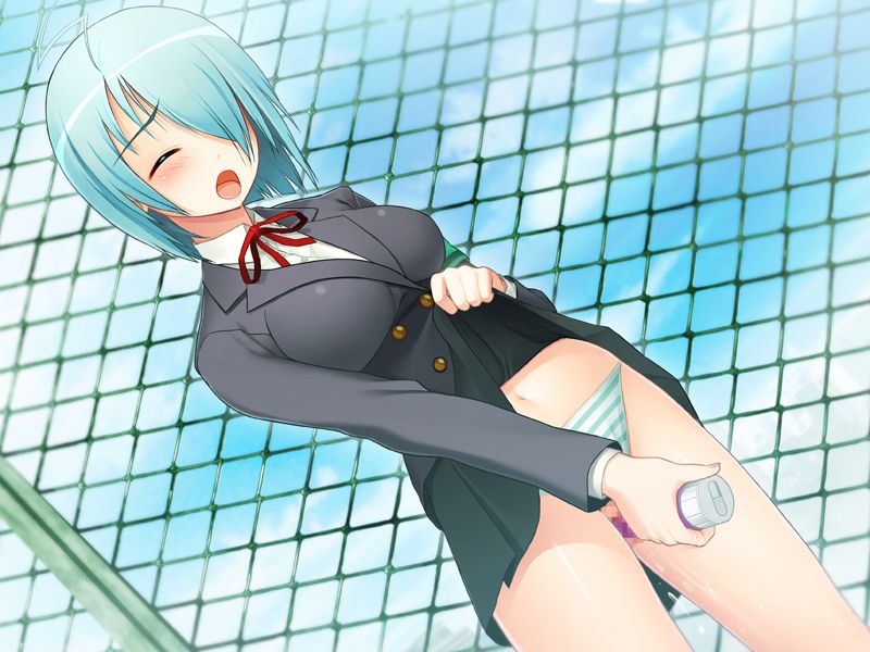 tsuji santa, kusakabe amaho, nitroplus, sumaga, game cg, 1girl, ahoge, aqua hair, armband, black jacket, blush, breasts, censored, chain-link fence, closed eyes, clothes lift, clothing aside, cloud, dildo, female focus, fence, green skirt, hair over one eye, jacket, light rays, long sleeves, masturbation, medium breasts, moaning, navel, neck ribbon, open mouth, orgasm, panties, panties aside, pussy, pussy juice, red ribbon, ribbon, school uniform, sex toy, shirt, short hair, skirt, skirt lift, sky, solo, standing, striped clothes, striped panties, sunbeam, sunlight, underwear, white panties, white shirt