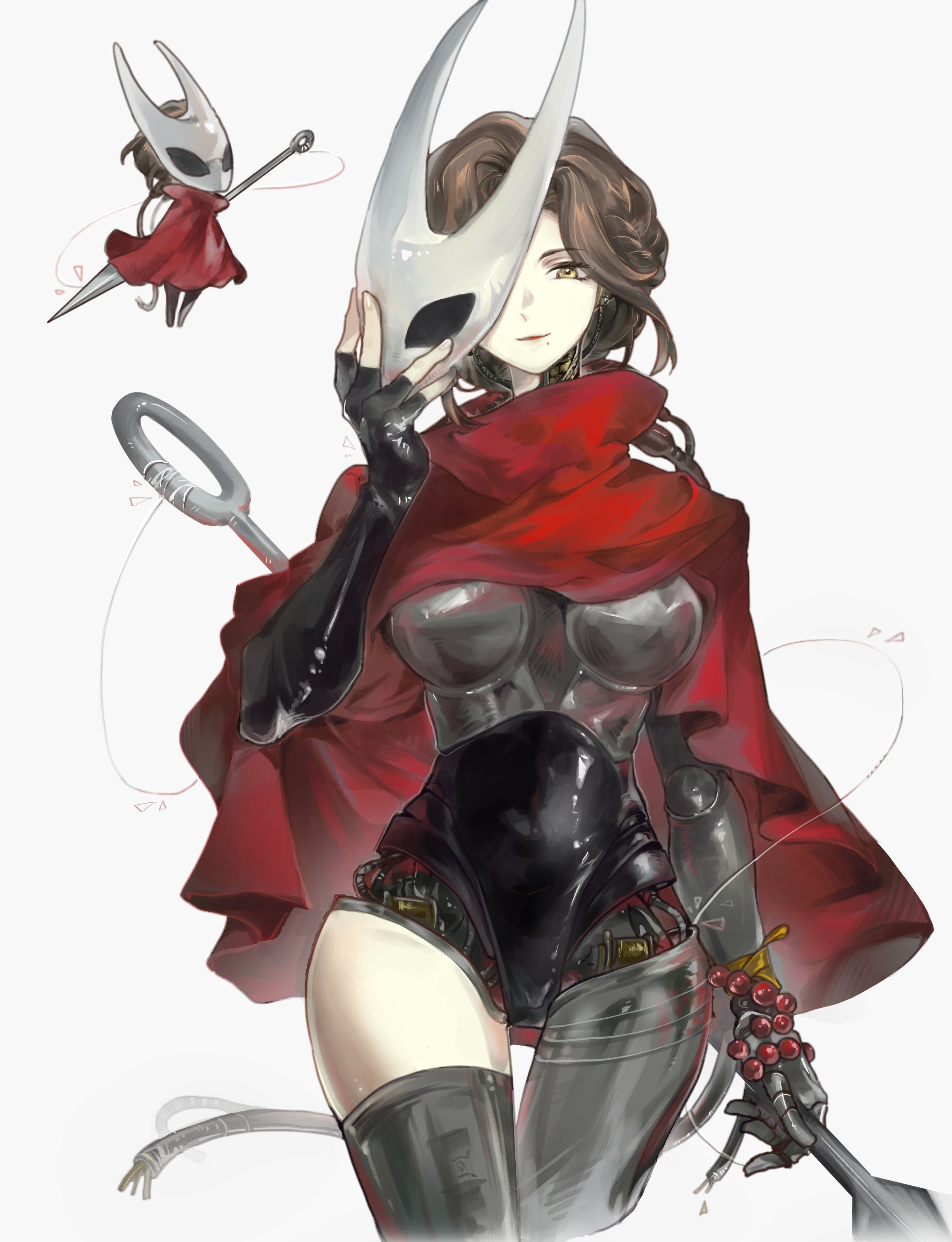 hiru315, hornet (hollow knight), lucy (reverse:1999), hollow knight, hollow knight: silksong, reverse:1999, absurdres, highres, 1girl, black gloves, brown hair, cloak, cosplay, crossover, gloves, holding, holding weapon, horned mask, hornet (hollow knight) (cosplay), joints, mask, mechanical arms, needle sword, red cloak, robot, robot joints, short hair, simple background, solo, weapon, white background, white mask, yellow eyes