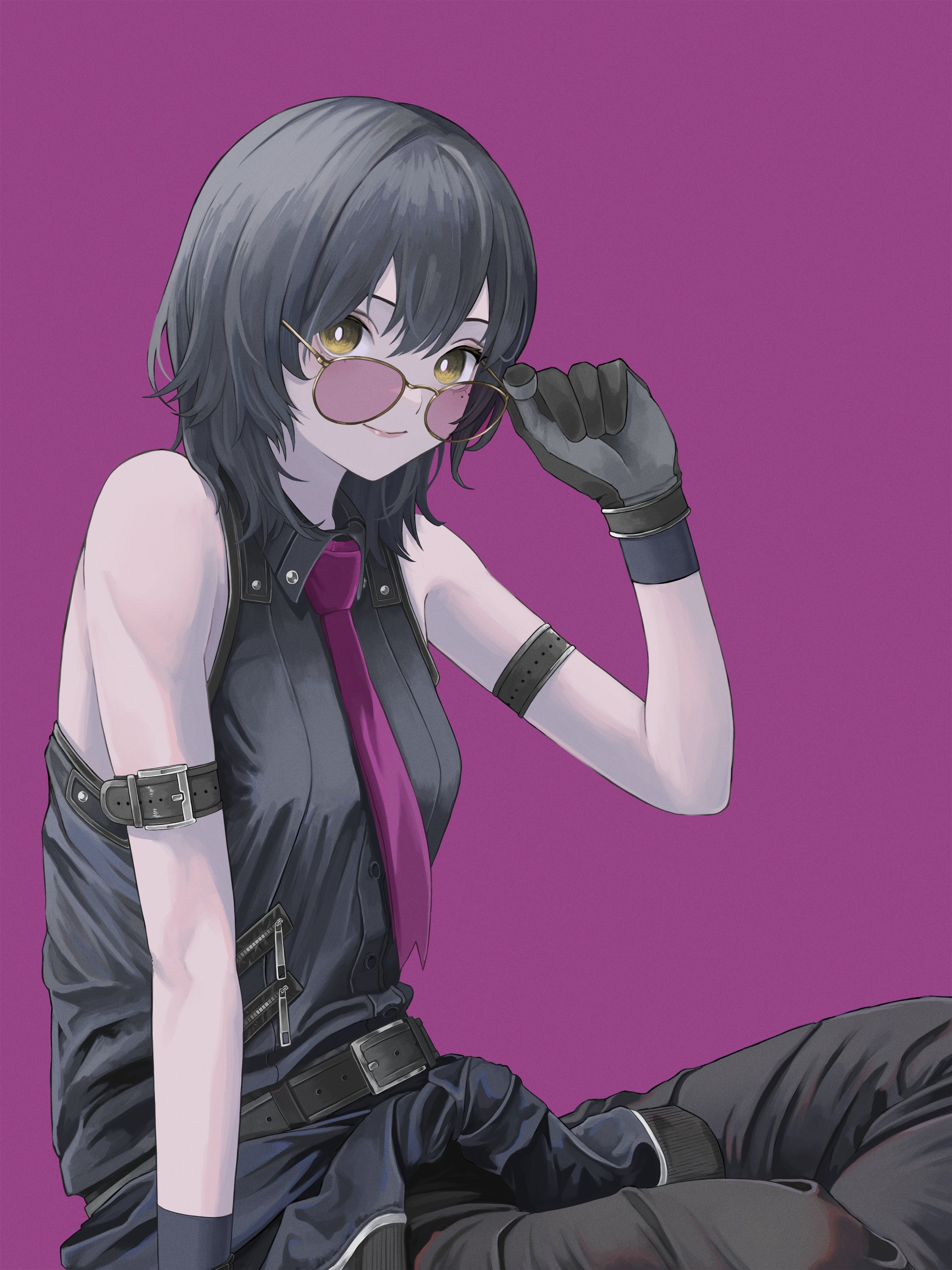 asada asahi, original, absurdres, commentary request, commission, highres, skeb commission, 1girl, adjusting eyewear, arm belt, bare shoulders, belt, black belt, black gloves, black hair, black jacket, black pants, black shirt, breasts, bright pupils, closed mouth, clothes around waist, collared shirt, dagger, eyelashes, feet out of frame, gloves, gradient eyes, hair between eyes, jacket, jacket around waist, knife, looking at viewer, looking over eyewear, medium hair, mole, mole under eye, multicolored eyes, necktie, pants, pink lips, purple-tinted eyewear, purple background, purple necktie, shirt, simple background, sitting, sleeveless, sleeveless shirt, small breasts, smile, solo, sunglasses, tinted eyewear, weapon, white pupils, yellow eyes
