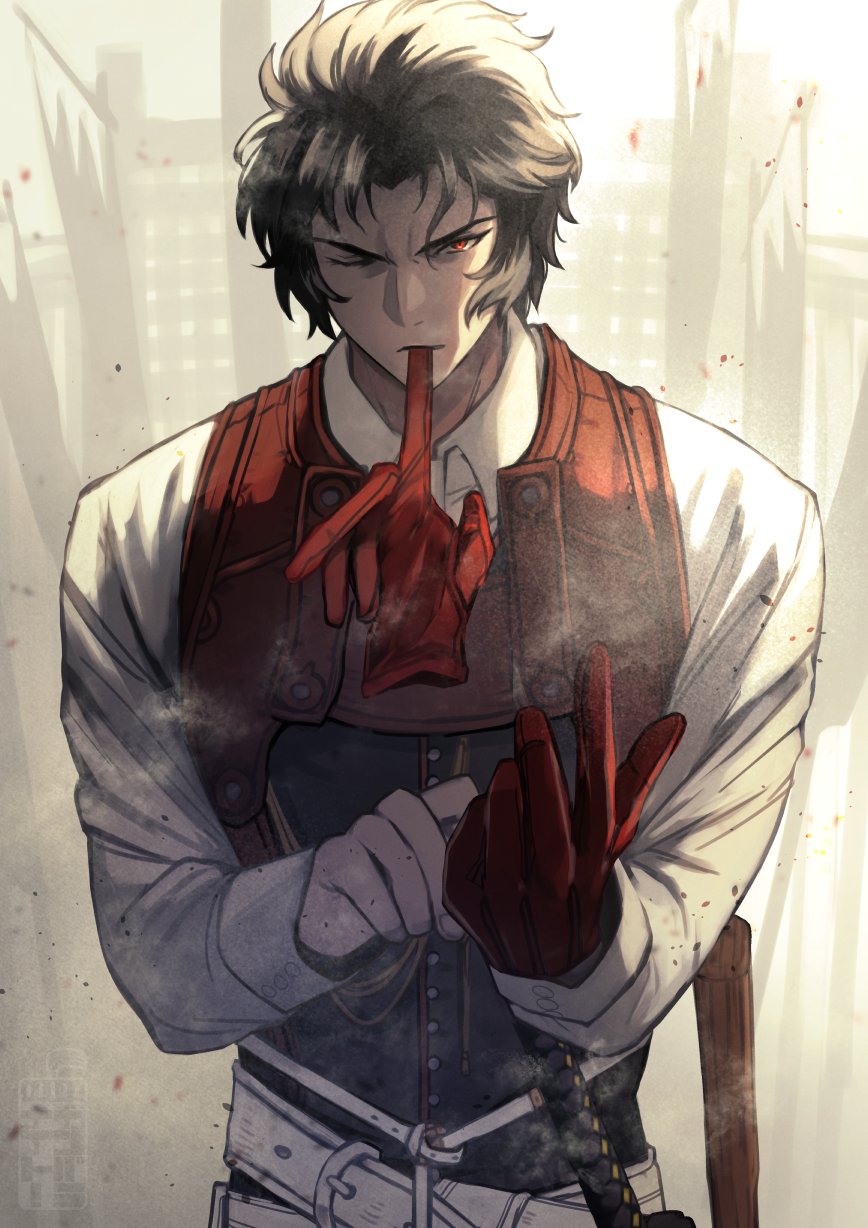 teria (teriarian), hijikata toshizou (fate), fate/grand order, fate (series), highres, 1boy, belt, black hair, chest harness, collared shirt, glove in mouth, gloves, harness, katana, long sleeves, male focus, mouth hold, one eye closed, red eyes, red gloves, shirt, short hair, solo, sword, unworn gloves, upper body, vest, weapon