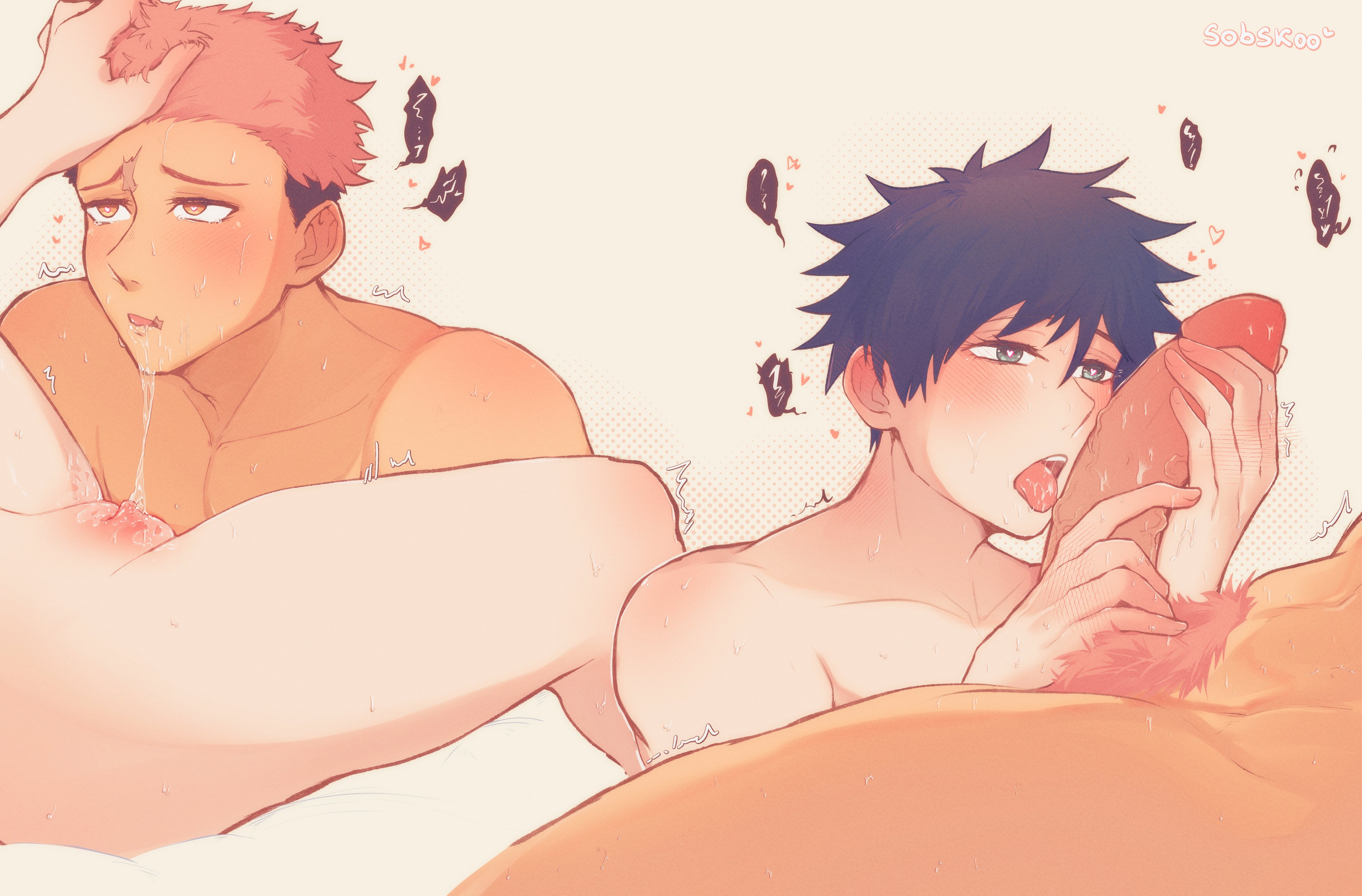 fushiguro megumi, itadori yuuji, jujutsu kaisen, absurdres, highres, 2boys, artist name, black hair, blush, clitoris, colored pubic hair, cunnilingus, cuntboy, cuntboy with male, heart, heart-shaped pupils, large penis, male focus, multicolored hair, multiple boys, nude, oral, penis, pink hair, pink pubic hair, pubic hair, pussy, pussy juice, saliva, scar, scar on face, scar on forehead, scar on mouth, short hair, sobskoo, spread legs, symbol-shaped pupils, teeth, tongue, tongue out, two-tone hair, undercut, veins, veiny penis