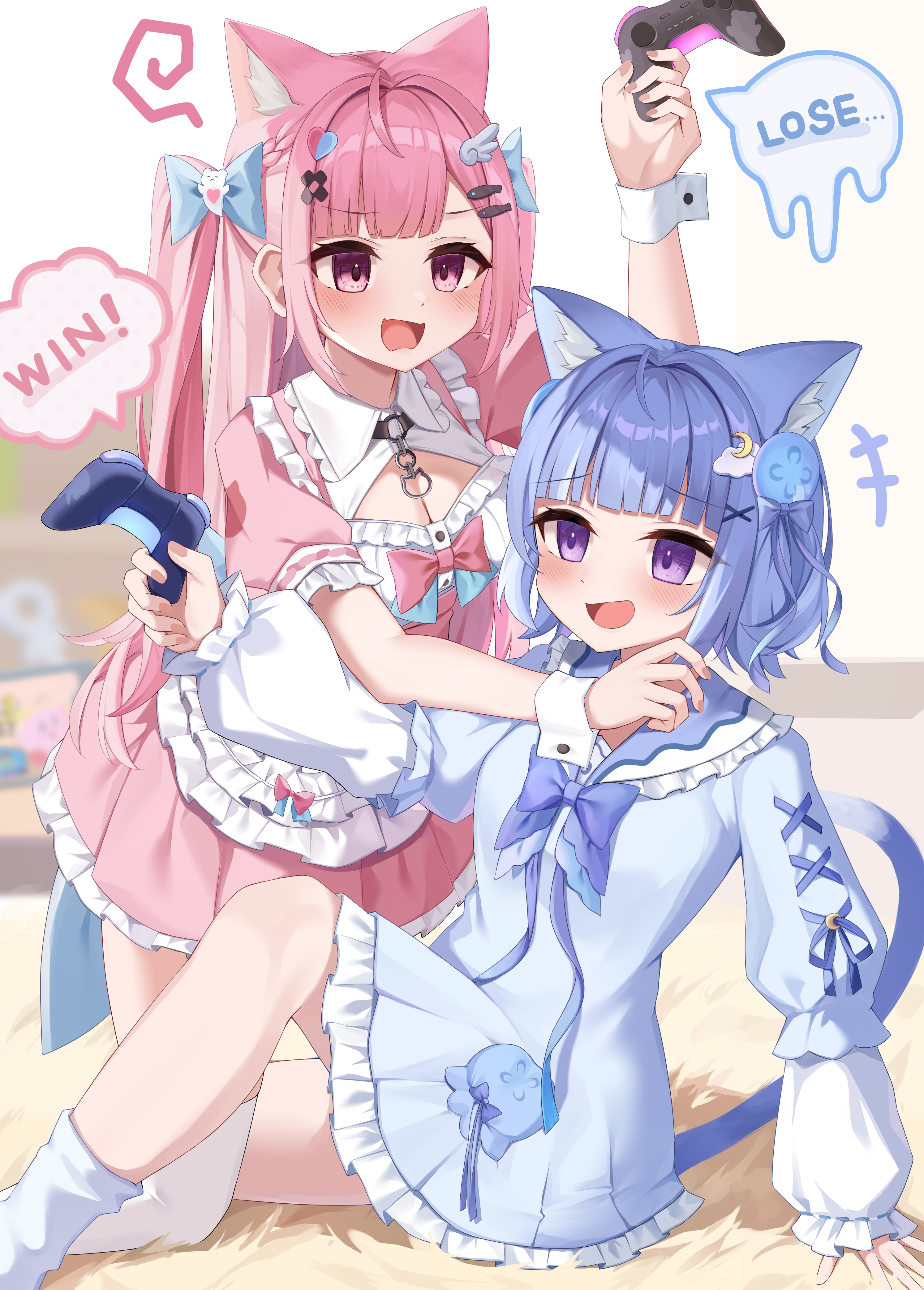 cet (hajisirazunoko), kurageu roa, yuuki sakuna, yuuki sakuna (1st costume), indie virtual youtuber, absurdres, highres, +++, 2girls, animal ears, bandaid, bandaid hair ornament, black choker, blue bow, blue bowtie, blue dress, blue hair, blue socks, blue tail, blush, bow, bowtie, braid, breasts, cat choker, cat ears, cat girl, cat tail, choker, cleavage, cleavage cutout, clothing cutout, cloud hair ornament, controller, crescent, crescent hair ornament, crossed bandaids, dress, extra ears, fang, fingernails, fish hair ornament, game controller, ghost hair ornament, hair bow, hair ornament, hairclip, heart, heart hair ornament, holding, holding controller, holding game controller, large breasts, long hair, maid, medium hair, multiple girls, o-ring, o-ring choker, open mouth, pink bow, pink dress, pink eyes, pink hair, purple eyes, short sleeves, skin fang, smile, socks, tail, thighhighs, thighs, two side up, virtual youtuber, white thighhighs, white wrist cuffs, wing hair ornament, wrist cuffs