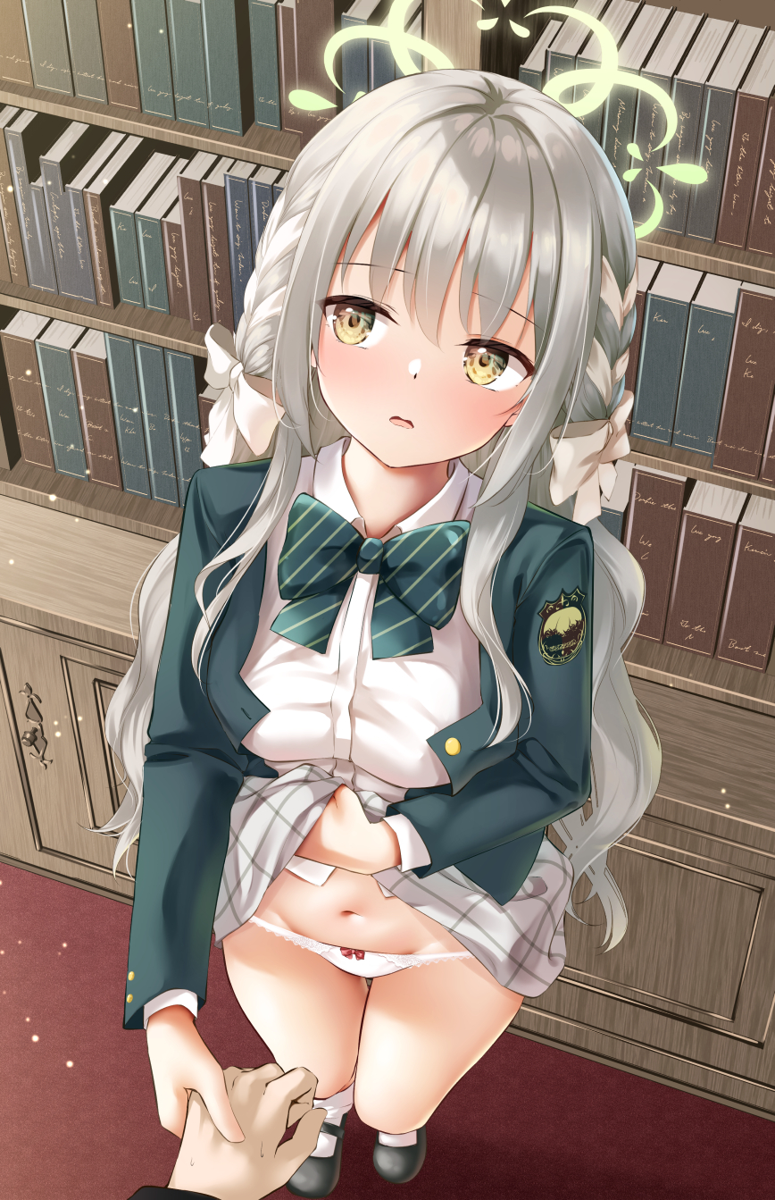 c.u.wa, miyo (blue archive), blue archive, highres, 1boy, 1girl, black shoes, blush, bow, braid, clothes lift, collared shirt, green bow, green eyes, green hair, green halo, green jacket, hair bow, halo, hand grab, jacket, looking to the side, navel, open mouth, panties, shirt, shoes, skirt, skirt lift, socks, underwear, white bow, white panties, white shirt, white skirt, white socks