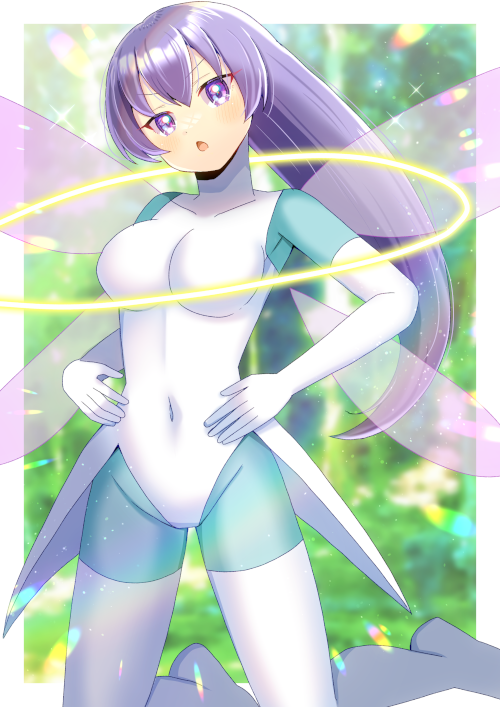 kou hiyoyo, commentary request, commission, skeb commission, 1girl, blurry, blurry background, breasts, covered navel, elbow gloves, fairy wings, gloves, large breasts, leotard, long hair, looking at viewer, medium breasts, pinobee: wings of adventure, purple eyes, purple hair, solo, thighhighs, very long hair, white gloves, white leotard, wings