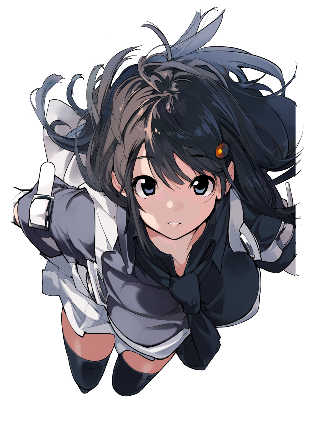 tamahagane, highres, 1girl, arm belt, belt, black necktie, black thighhighs, breasts, collared shirt, cowboy shot, from above, grey eyes, grey shirt, hair between eyes, hair ornament, hairclip, hatsuyama hotaru, huge breasts, lips, long hair, long sidelocks, looking at viewer, necktie, open mouth, overall skirt, parted lips, sei ni utokatta watashi wa kurasu no danshi to ooo shite shimaimashita, shirt, short sleeves, sidelocks, simple background, skirt, smile, solo, standing, straight hair, teeth, thighhighs, very long hair, white background, white belt, white skirt