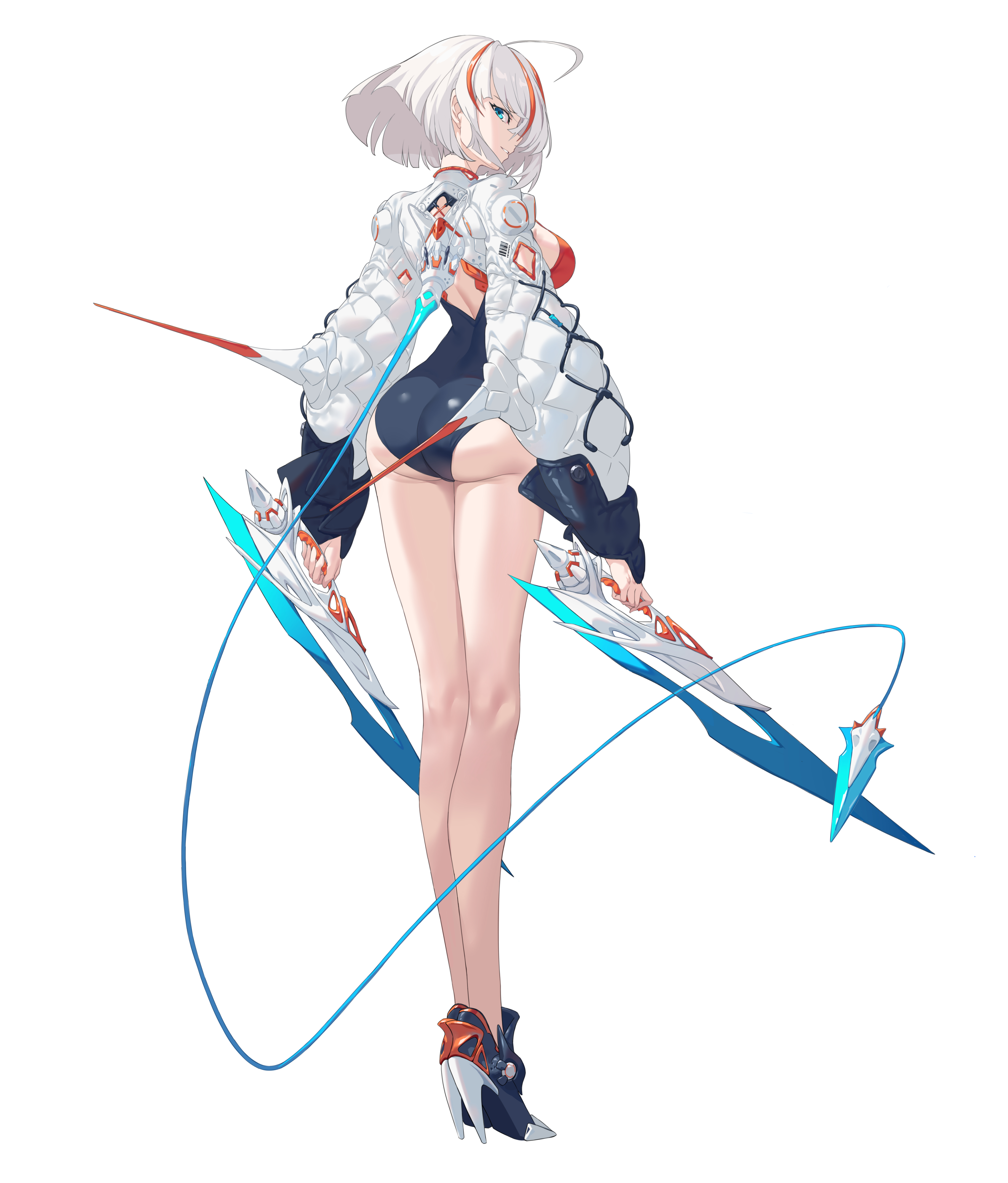 original, absurdres, highres, 1girl, ass, blue eyes, blue one-piece swimsuit, breasts, dual wielding, from behind, full body, hair between eyes, high heels, holding, jacket, large breasts, looking at viewer, looking back, multicolored hair, one-piece swimsuit, open mouth, red one-piece swimsuit, short hair, simple background, smile, solo, spinal cord, stiletto heels, streaked hair, swimsuit, two-tone one-piece swimsuit, user wadk3283, white hair, white jacket
