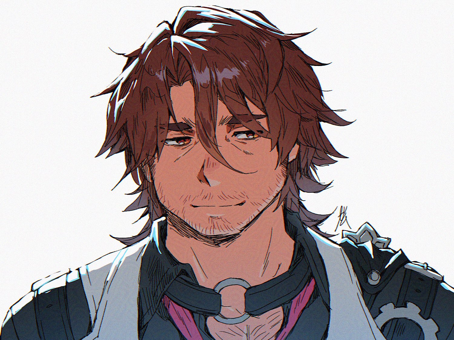 gamubear, gallagher (honkai: star rail), honkai: star rail, honkai (series), commentary, english commentary, 1boy, beard stubble, black shirt, brown hair, closed mouth, facial hair, grey vest, looking to the side, male focus, red eyes, shirt, signature, smile, stubble, upper body, vest, white background