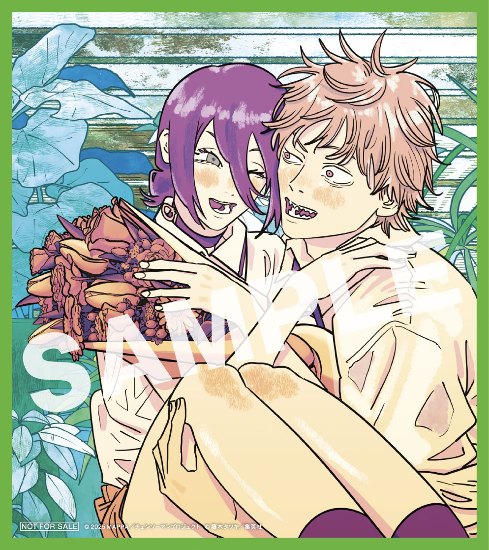 fujimoto tatsuki, denji (chainsaw man), reze (chainsaw man), chainsaw man, commentary request, official art, second-party source, 1boy, 1girl, ;d, bare legs, black choker, blonde hair, blush, border, bouquet, carrying, choker, copyright notice, double-parted bangs, fingernails, flower, green border, grenade pin, hair between eyes, hetero, hugging object, long hair between eyes, one eye closed, open mouth, princess carry, purple hair, sample watermark, sharp teeth, shirt, smile, teeth, watermark, white shirt