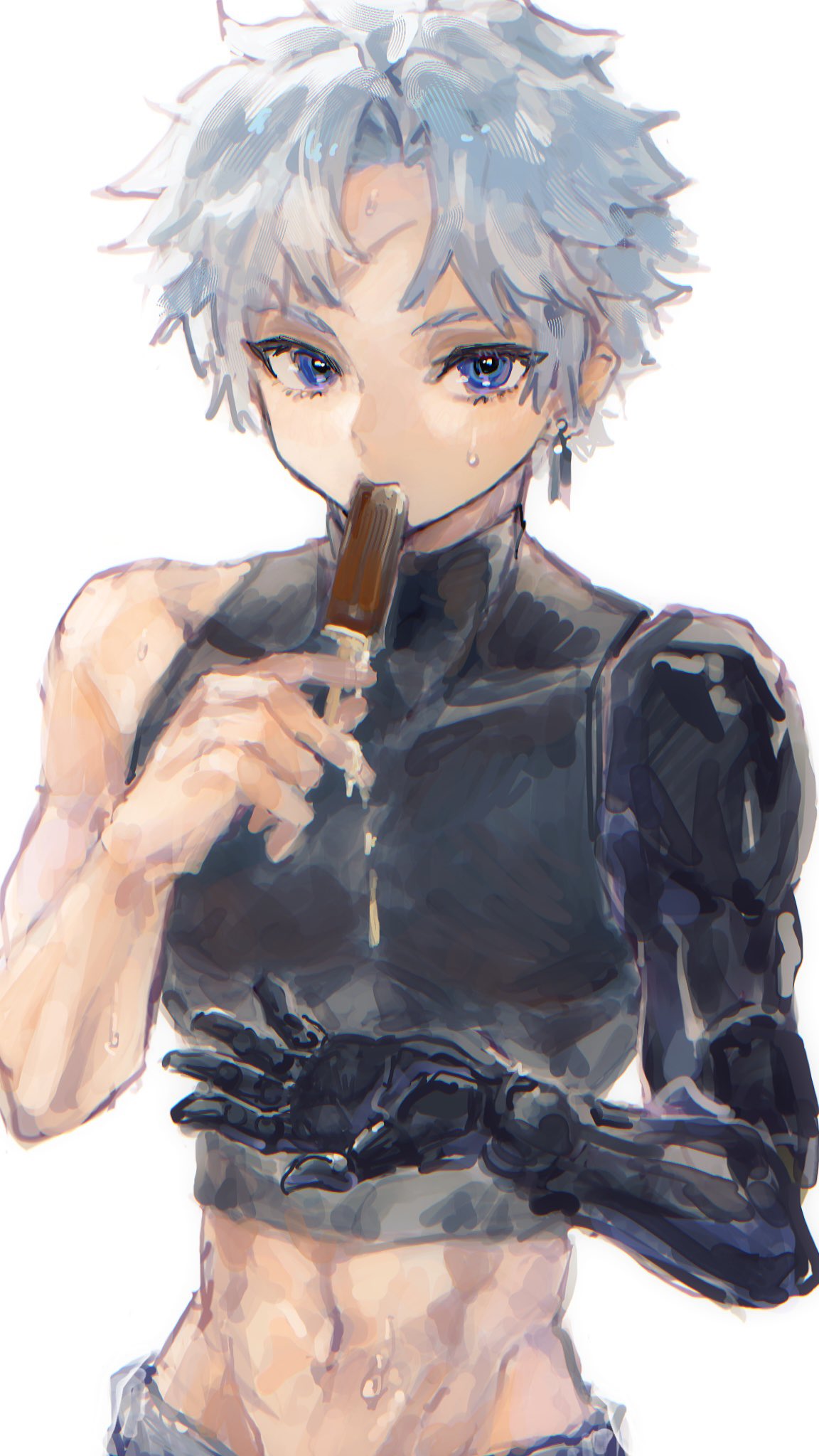 fate/grand order, fate (series), highres, 1boy, blue eyes, cheese aokabi, crop top, earrings, eating, food, grey hair, holding, holding food, holding ice cream, ice cream, jewelry, looking at viewer, male focus, midriff, navel, prosthesis, prosthetic arm, shirt, short hair, simple background, sleeveless, sleeveless shirt, solo, sweatdrop, toned, toned male, toudou heisuke (fate), upper body, white background