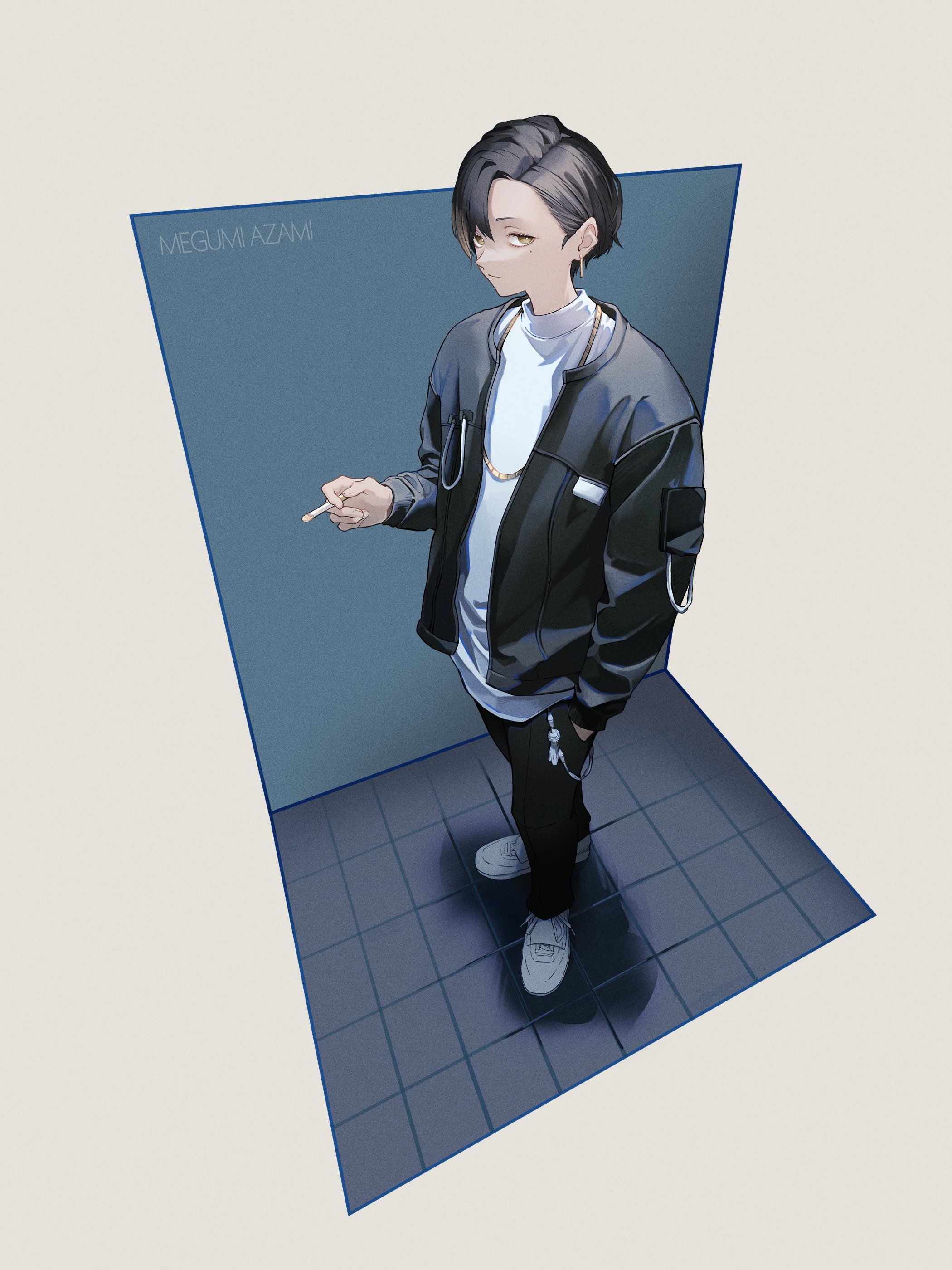 asada asahi, azami megumi, indie virtual youtuber, absurdres, commentary request, commission, highres, skeb commission, 1boy, black jacket, black pants, blonde streaks, blue background, bright pupils, character name, cigarette, closed mouth, earrings, full body, grey background, hand in pocket, holding, holding cigarette, jacket, jewelry, long sleeves, looking at viewer, male focus, mole, mole under eye, multicolored hair, nose, open clothes, open jacket, pants, shadow, shirt, shoes, short hair, sneakers, solo, standing, tile floor, tiles, two-tone hair, virtual youtuber, white pupils, white shirt, white shoes, yellow eyes
