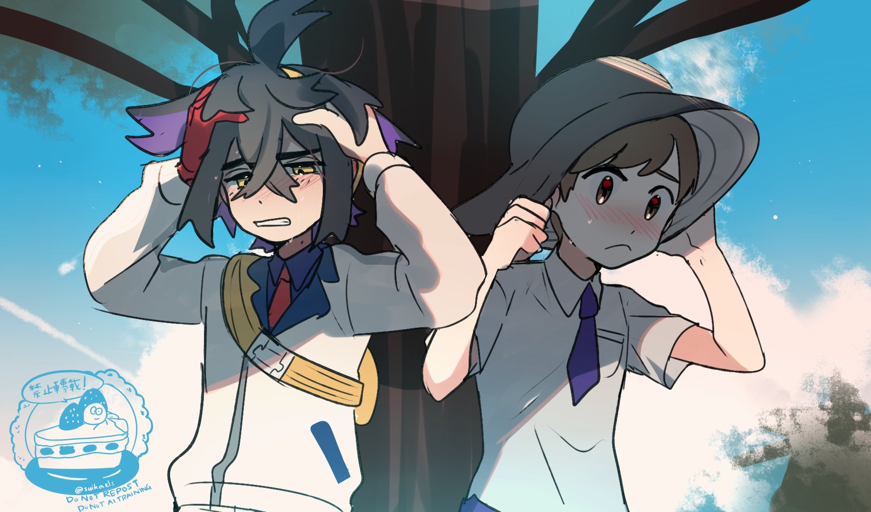 suikaels, florian (pokemon), kieran (pokemon), nintendo, pokemon, pokemon sv, highres, 2boys, animal hands, black hair, blue necktie, blue shirt, blue sky, blueberry academy school uniform, blush, brown eyes, brown hair, collared shirt, crossed bangs, gloves, grey hat, hair between eyes, hairband, hat, jacket, long sleeves, looking at viewer, male focus, mole, mole on neck, multicolored hair, multiple boys, necktie, outdoors, purple hair, red gloves, red necktie, school uniform, shirt, short hair, short sleeves, single glove, sky, standing, two-tone hair, upper body, uva academy school uniform, white jacket, yellow bag, yellow eyes, yellow hairband