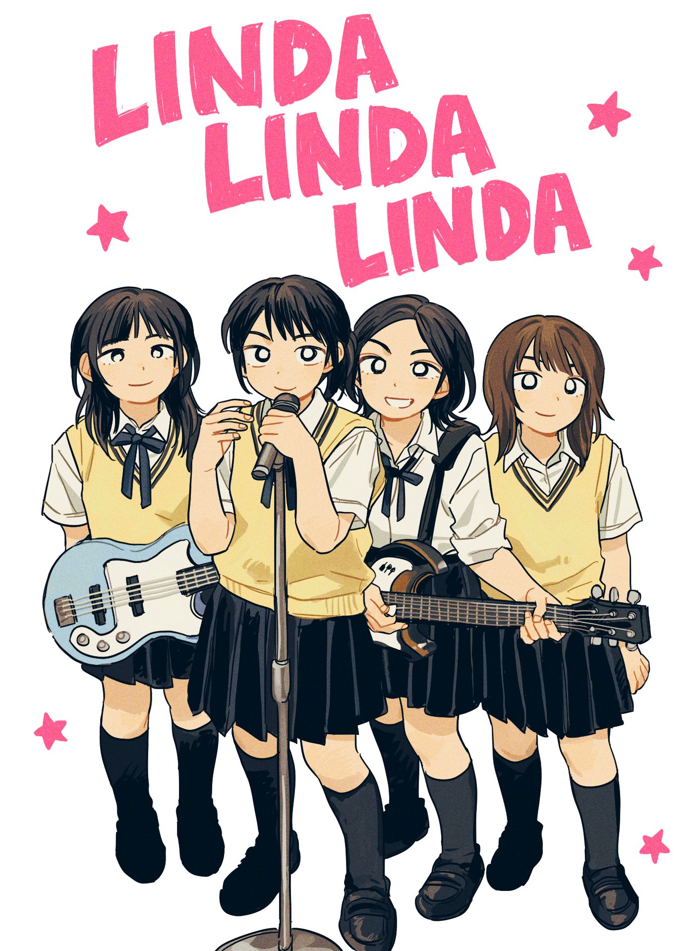 sihyun25, linda linda linda, highres, 4girls, acoustic guitar, bass guitar, black eyes, black hair, brown hair, copyright name, electric guitar, guitar, instrument, keyboard (instrument), kneehighs, loafers, long hair, multiple girls, music, playing instrument, plectrum, school uniform, shoes, short hair, skirt, smile, socks, standing, star (symbol), star print, starfish, sweater vest