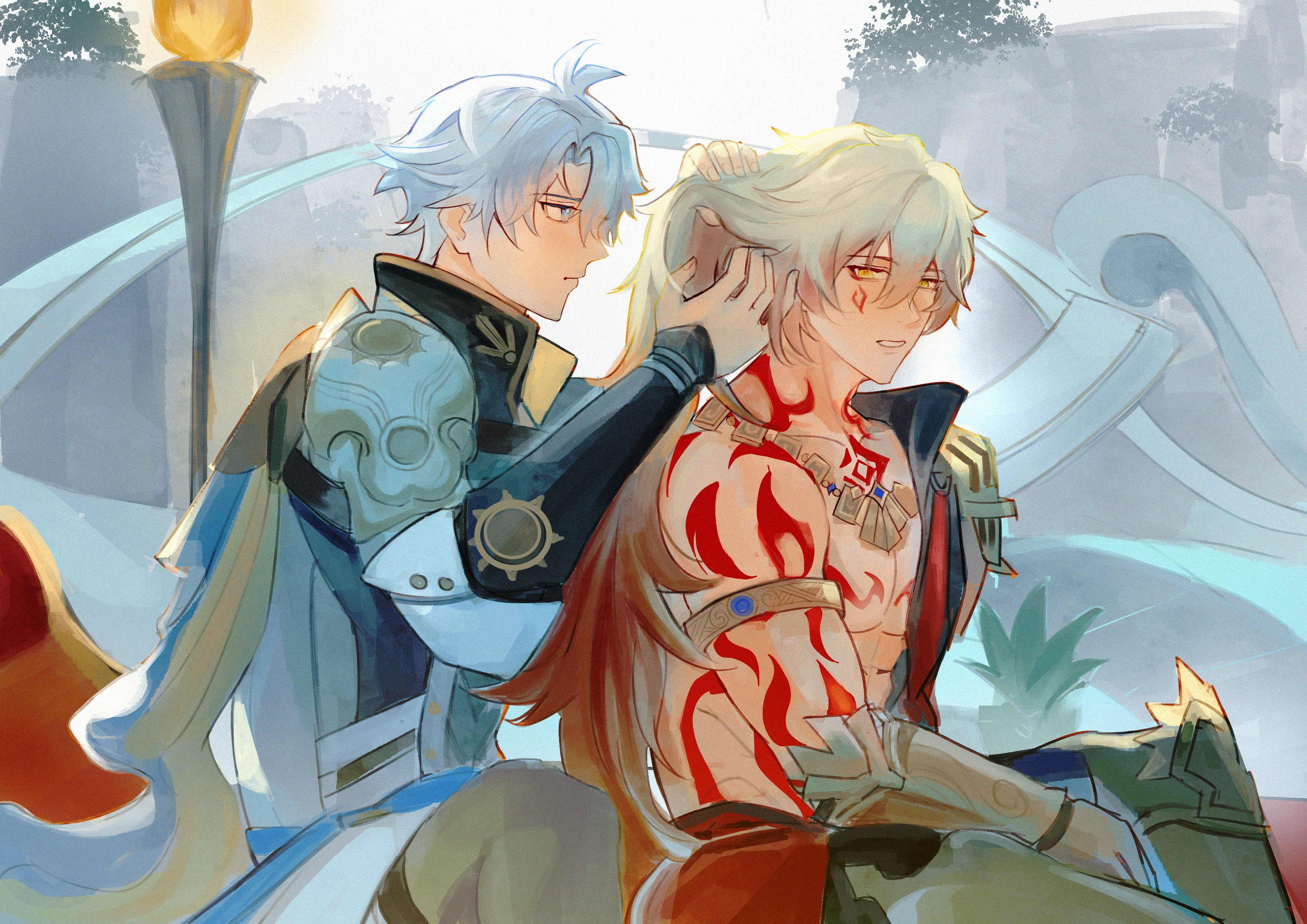 quinieo o, mydei (honkai: star rail), phainon (honkai: star rail), honkai: star rail, honkai (series), absurdres, commentary, english commentary, highres, 2boys, abs, adjusting another's hair, antenna hair, arm tattoo, armlet, armor, black coat, black shirt, blonde hair, blue cape, blue eyes, braid, cape, chest tattoo, clawed gauntlets, coat, facial tattoo, from side, gradient hair, jewelry, long hair, male focus, multicolored hair, multiple boys, open clothes, open coat, parted bangs, pauldrons, red hair, red tattoo, shirt, short hair, shoulder armor, side braid, single pauldron, tattoo, toned, toned male, white coat, white hair, yaoi, yellow eyes