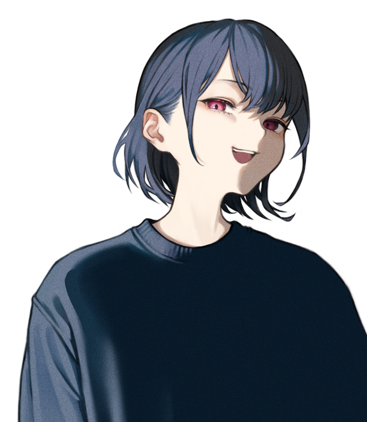 asada asahi, original, commentary request, 1girl, :d, black hair, black sweater, eyelashes, flat chest, hair between eyes, half-closed eyes, looking at viewer, open mouth, red eyes, short hair, simple background, smile, solo, sweater, teeth, upper body, upper teeth only, white background