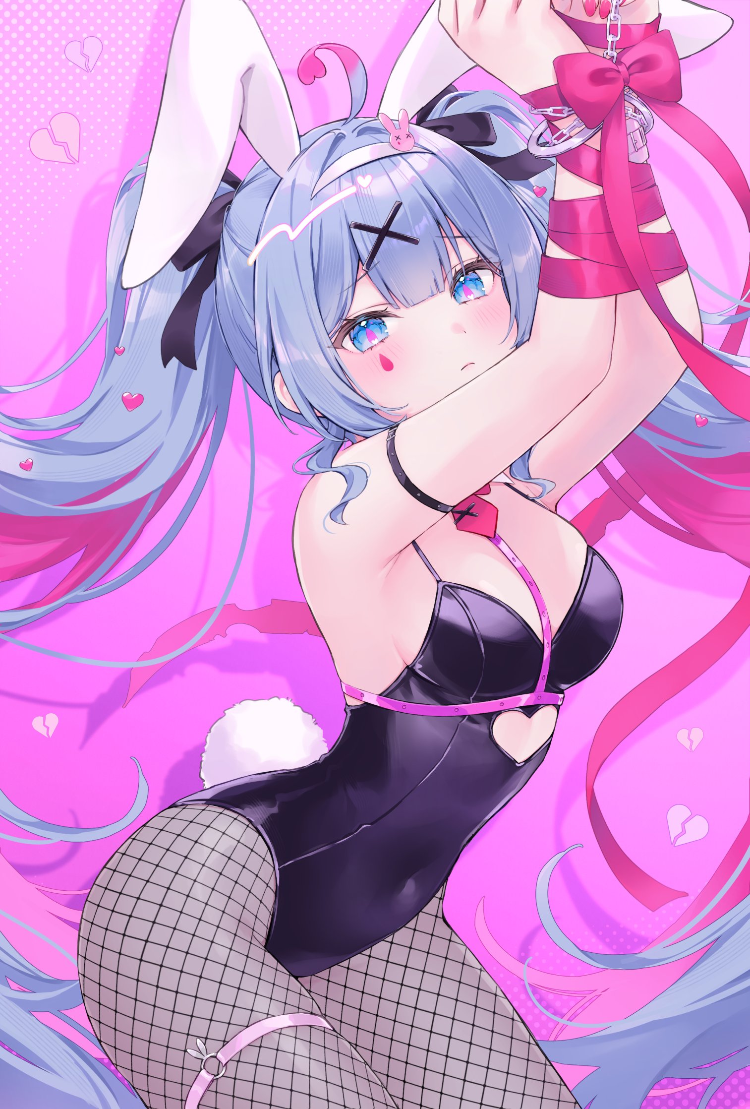 shano hiyori, hatsune miku, rabbit hole (vocaloid), vocaloid, commentary, highres, 1girl, ahoge, animal ears, arms up, bare shoulders, black leotard, blue eyes, blue hair, blush, bound, bound wrists, breasts, closed mouth, clothing cutout, cowboy shot, fake animal ears, fishnet pantyhose, fishnets, grey pantyhose, hair ornament, heart cutout, leotard, long hair, looking at viewer, medium breasts, pantyhose, pink background, pink ribbon, playboy bunny, rabbit ears, ribbon, solo, strapless, strapless leotard, teardrop facial mark, twintails, x hair ornament